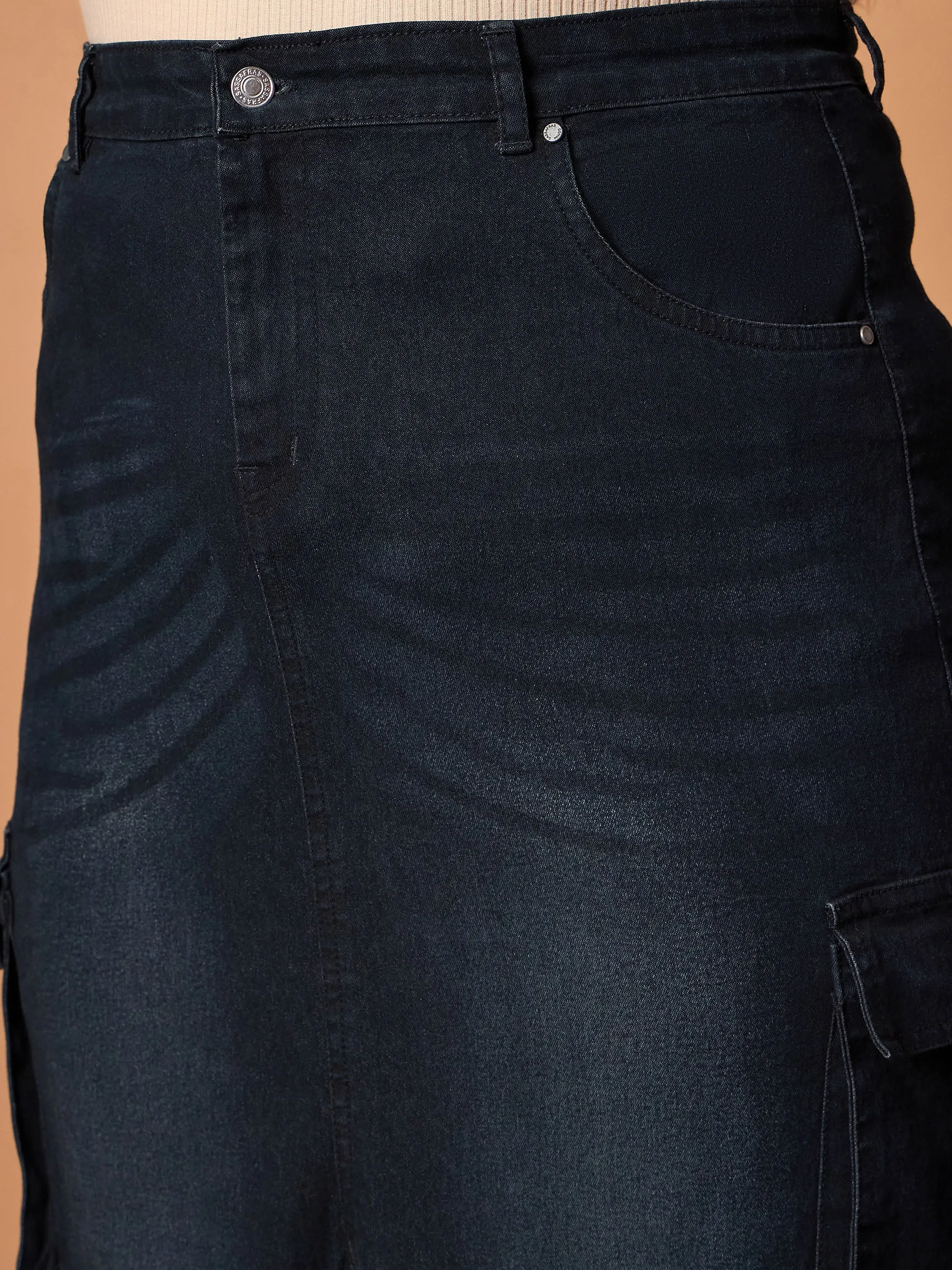 Women Black Blast Denim Side Pocket Skirt