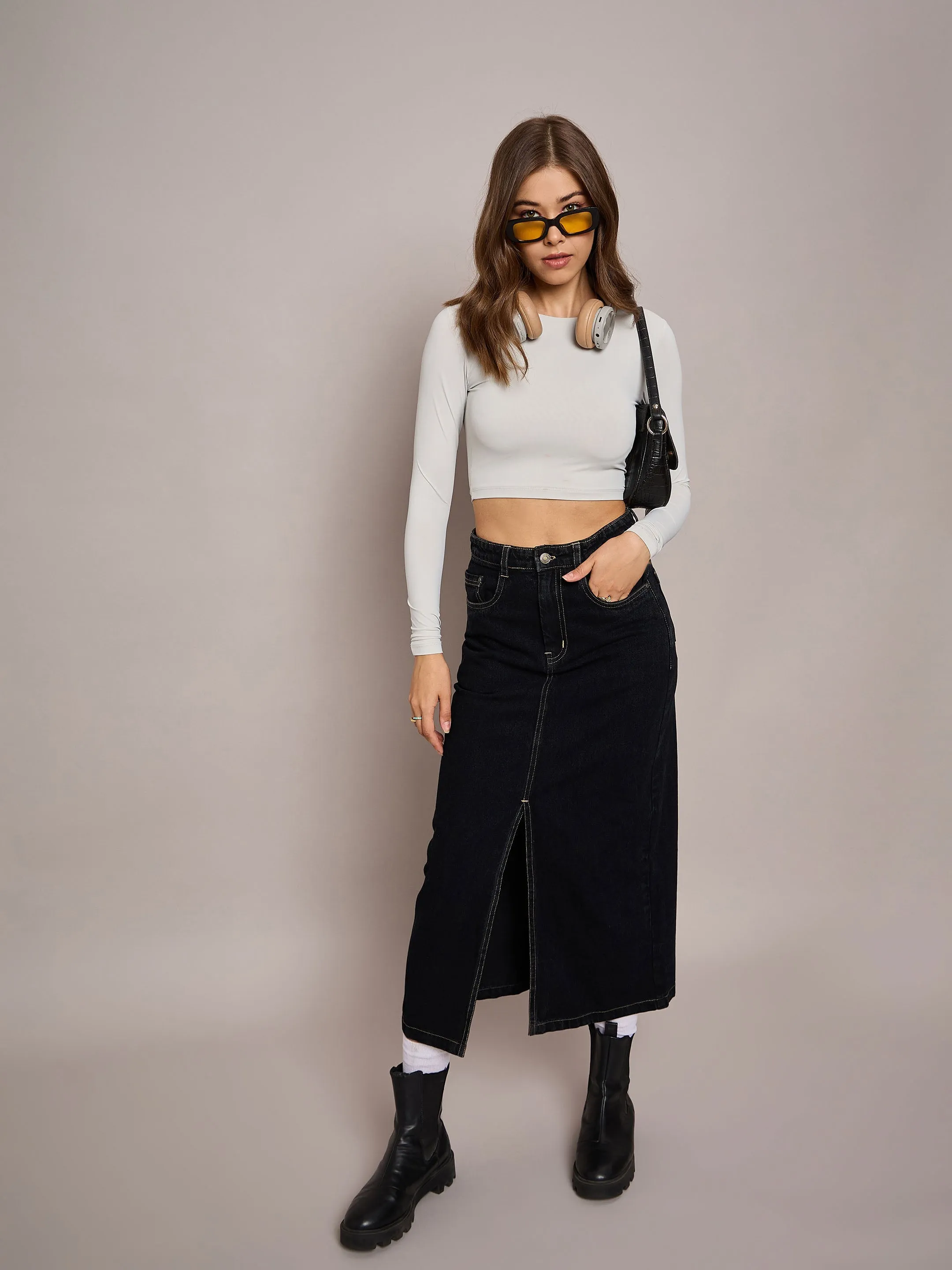 Women Black Denim Front Slit Midi Skirt