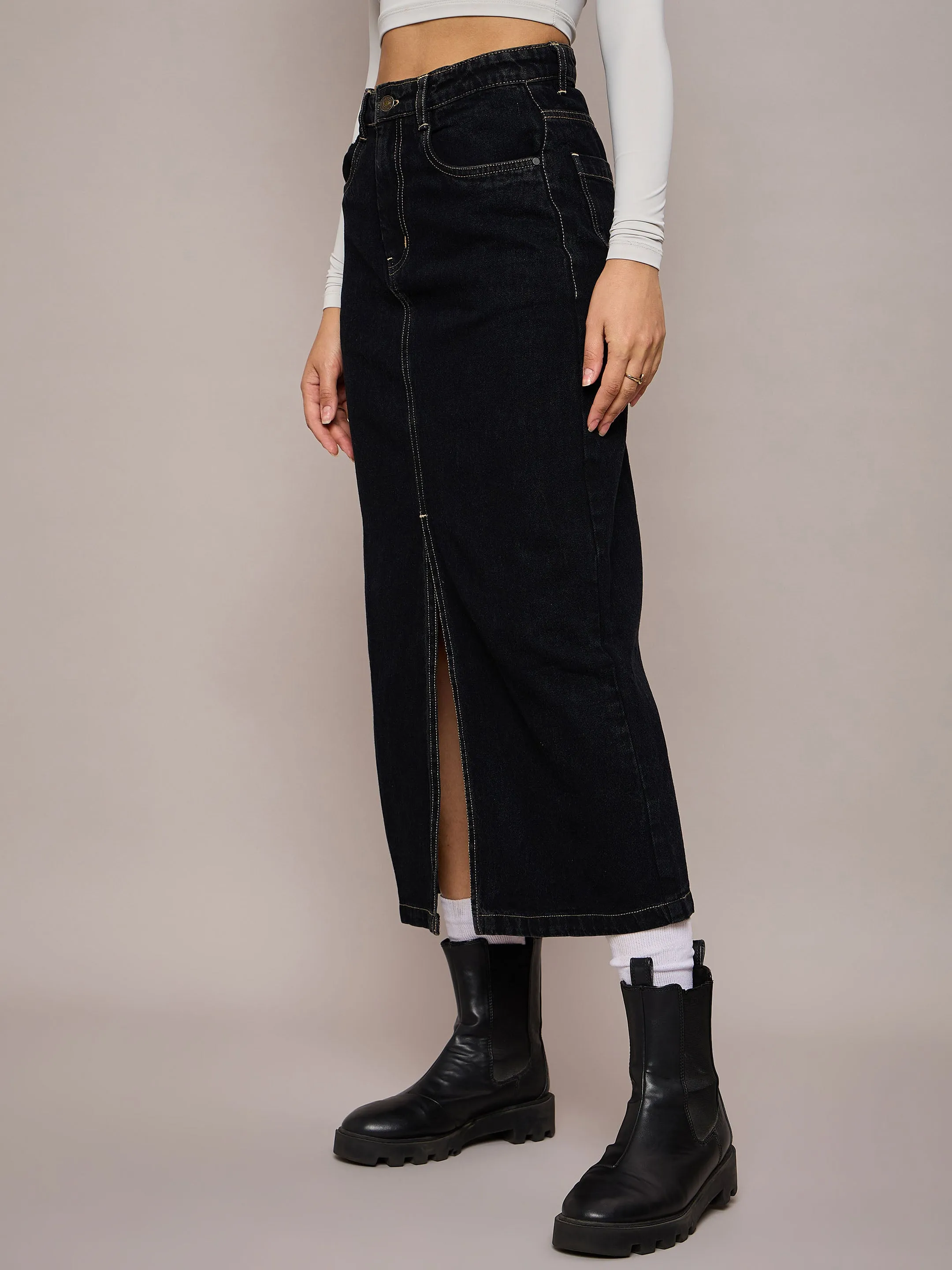 Women Black Denim Front Slit Midi Skirt