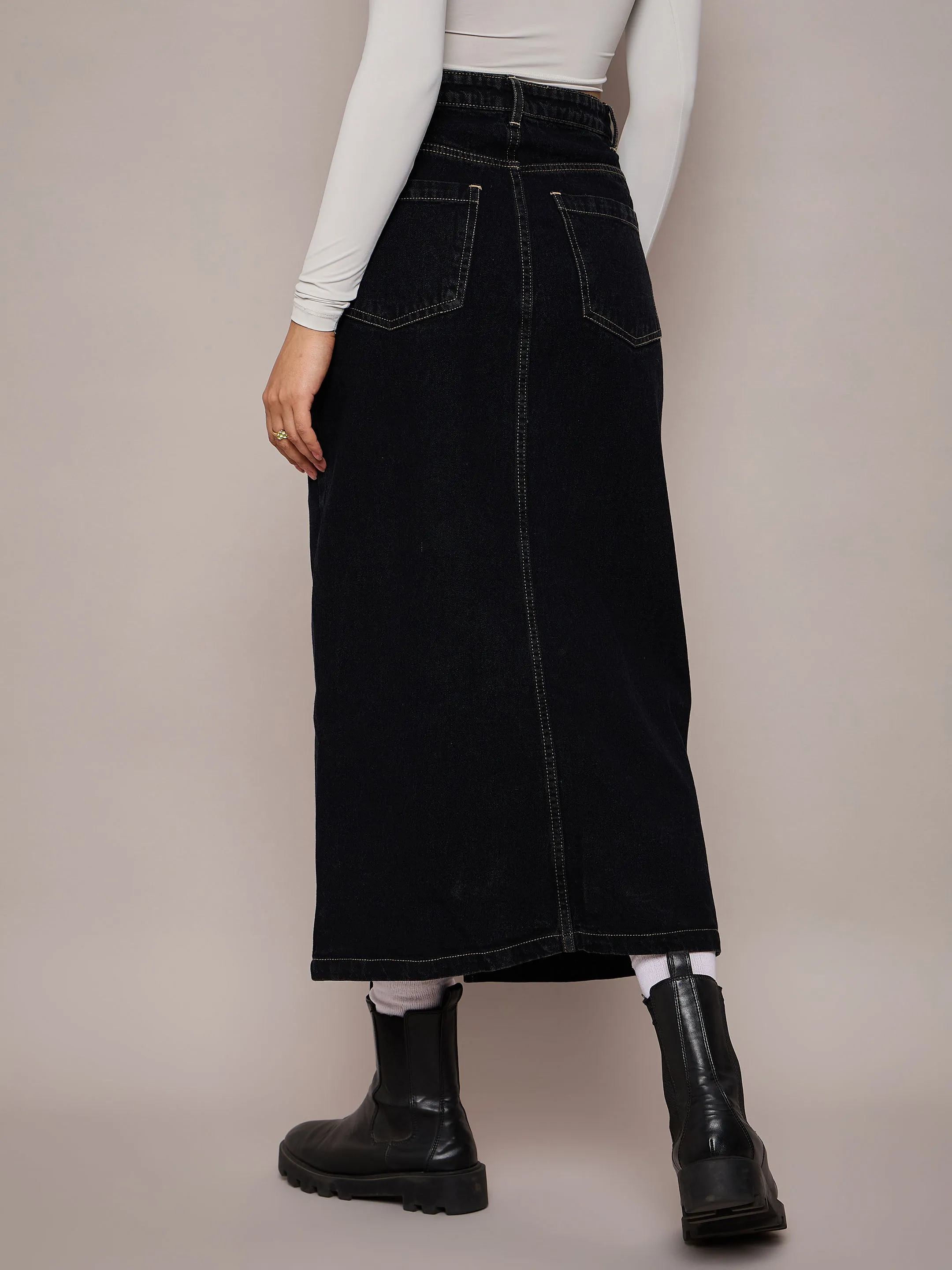 Women Black Denim Front Slit Midi Skirt