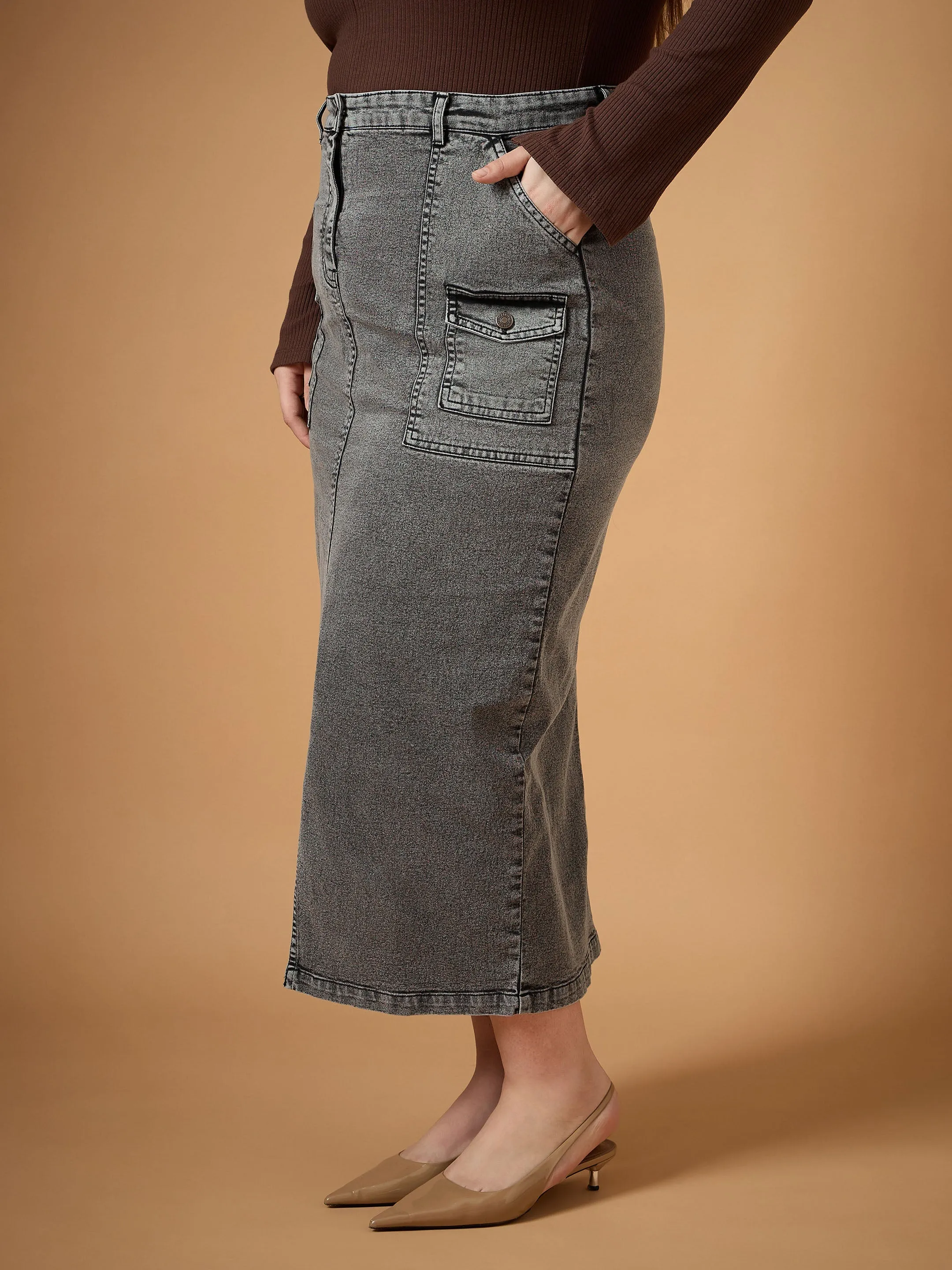 Women Black Denim Wash Front Slit Skirt