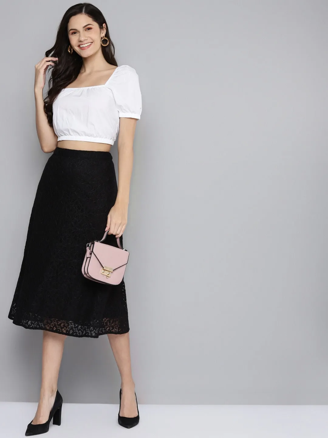 Women Black Lace A-Line Skirt