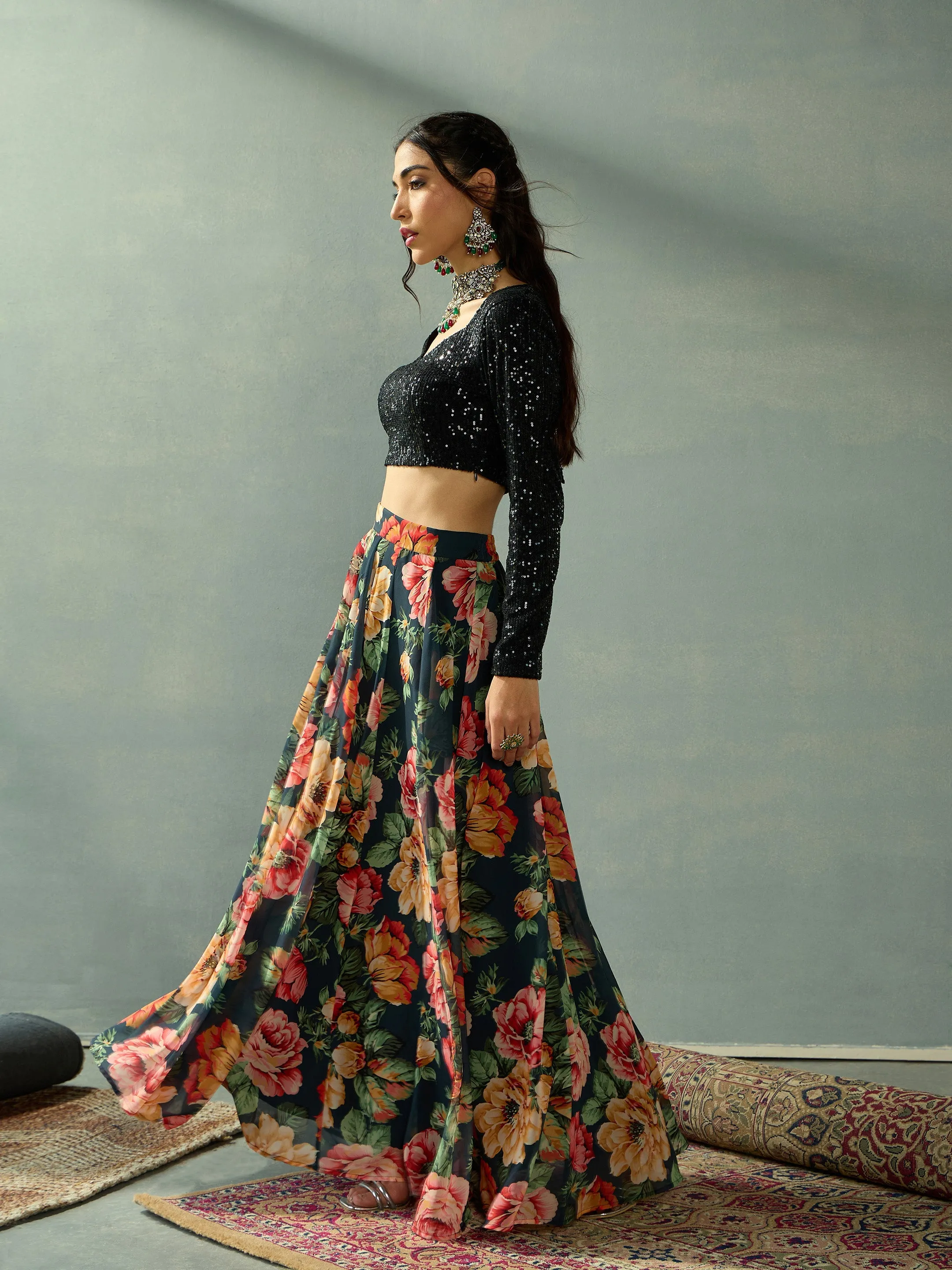 Women Black Sequence Blouse With Anarkali Skirt