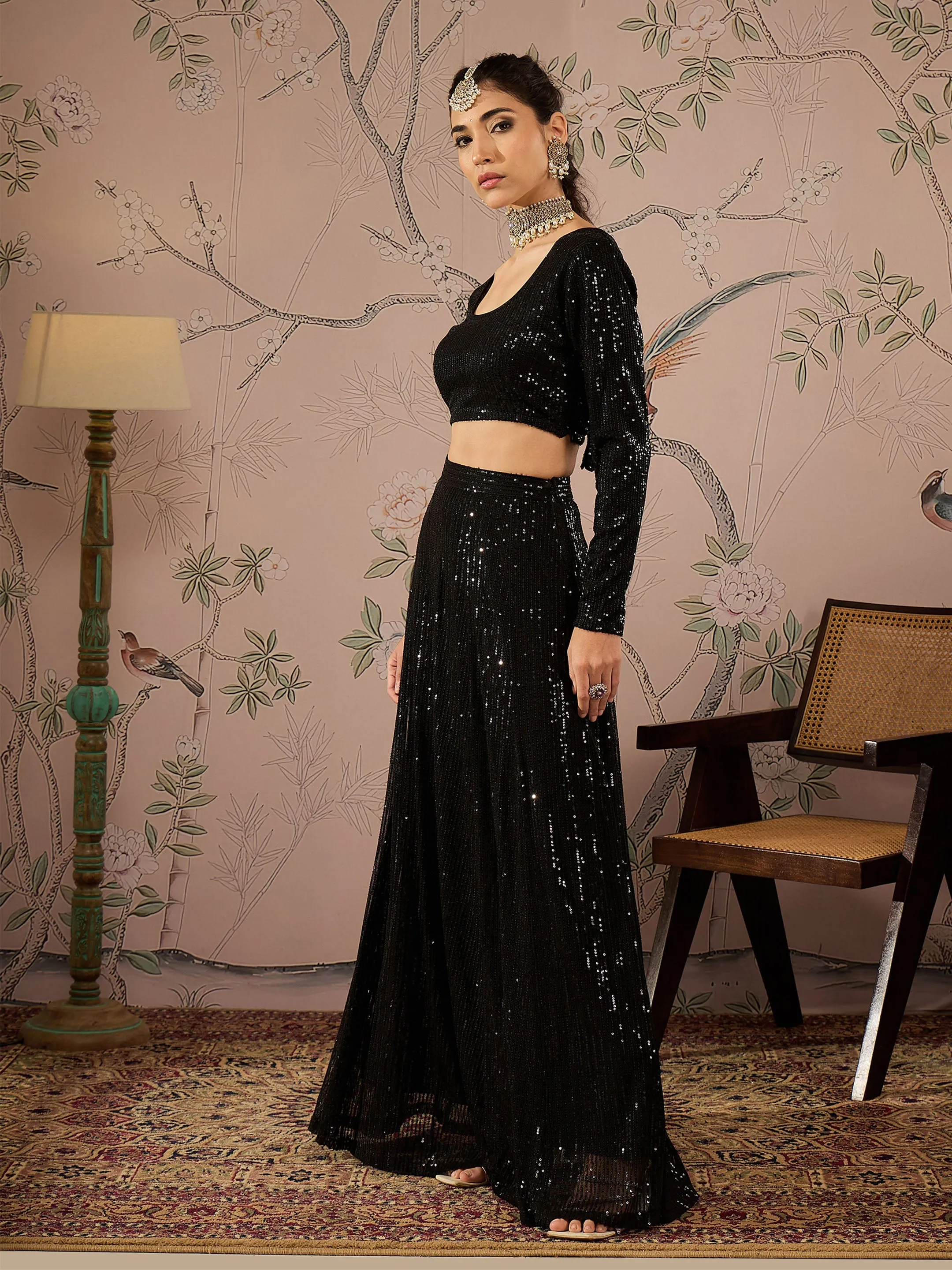 Women Black Sequins Crop Top With Anarkali Skirt