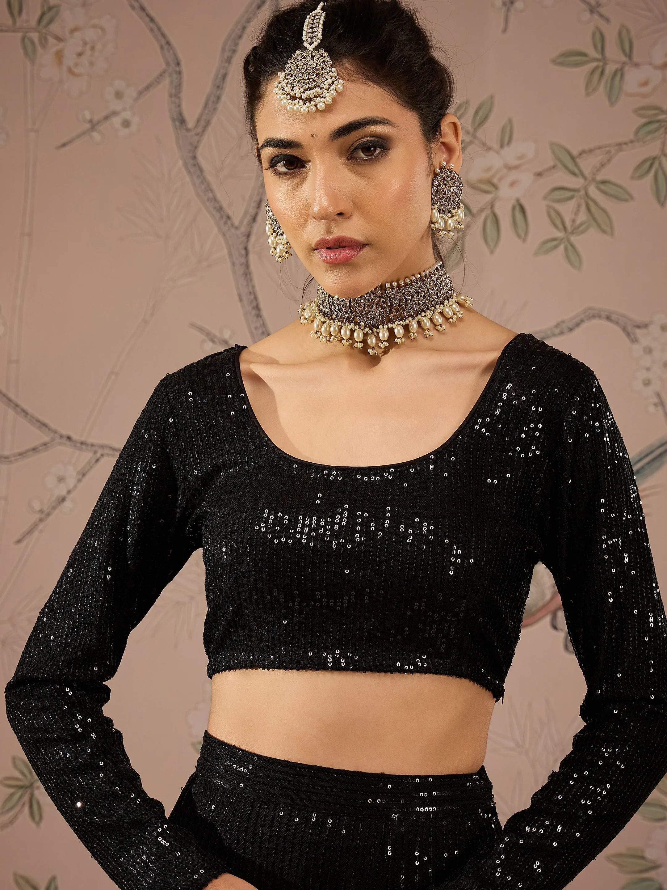 Women Black Sequins Crop Top With Anarkali Skirt