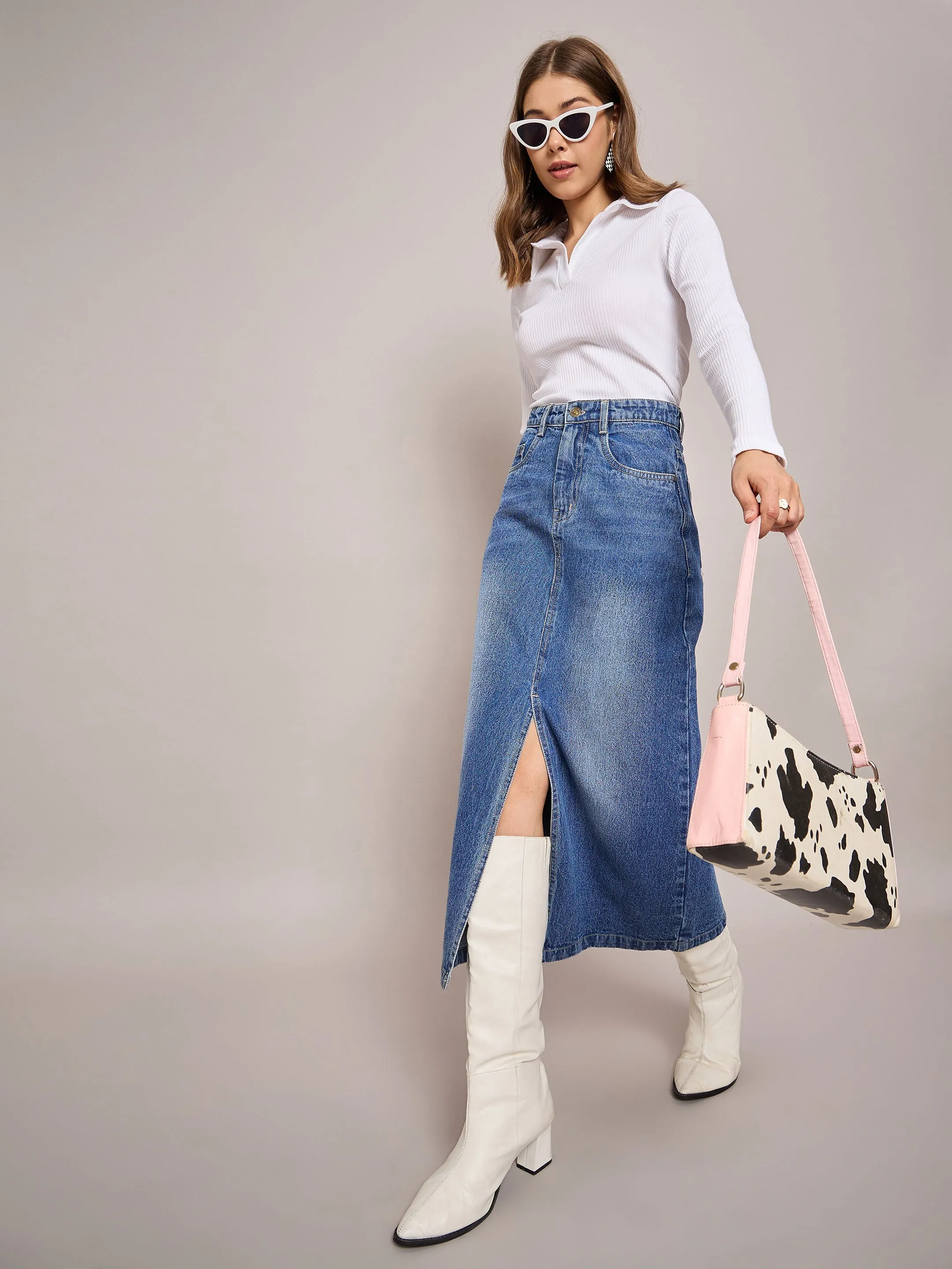 Women Blue Denim Front Slit Midi Skirt