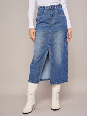 Women Blue Denim Front Slit Midi Skirt