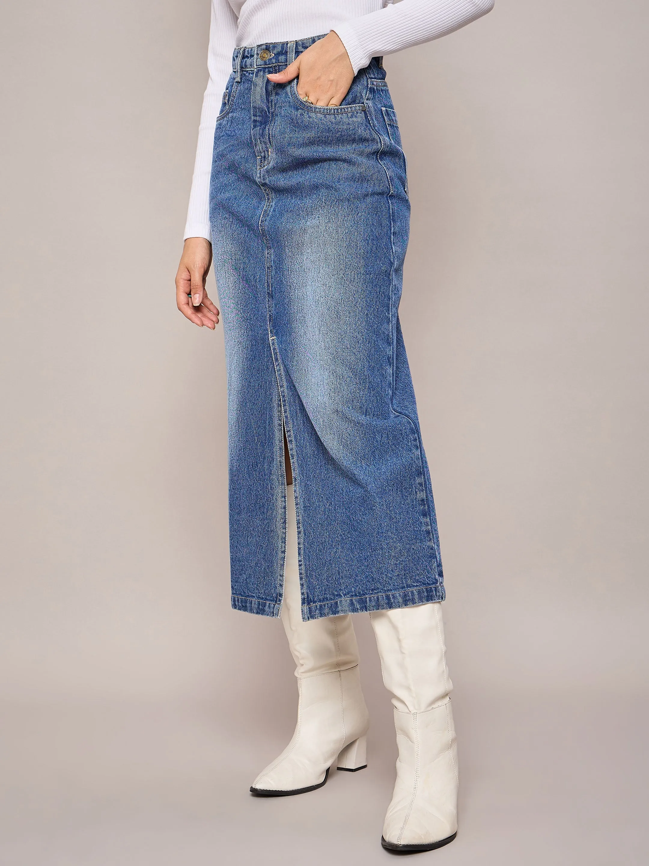 Women Blue Denim Front Slit Midi Skirt