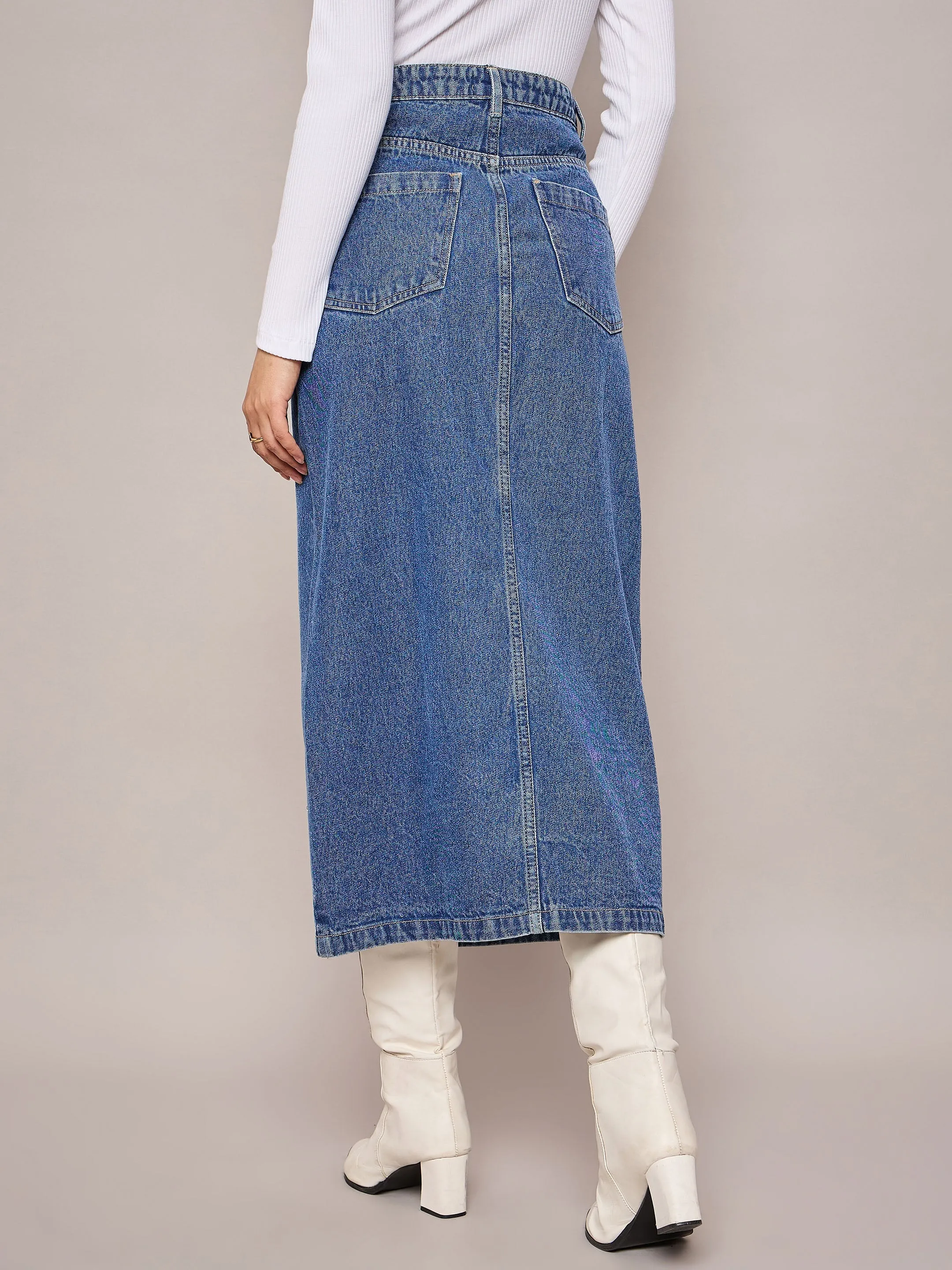 Women Blue Denim Front Slit Midi Skirt