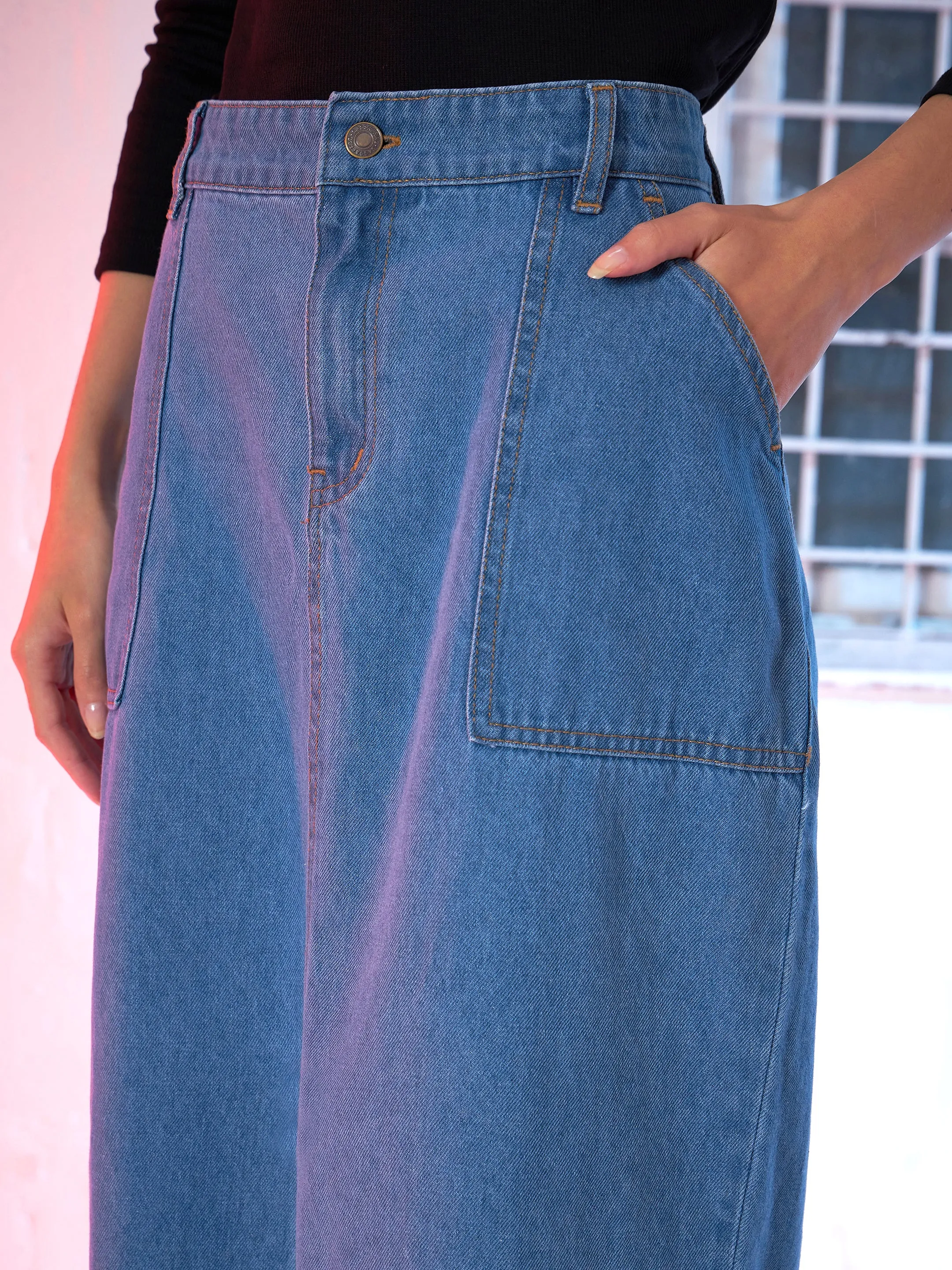 Women Blue Denim Front Slit Skirt