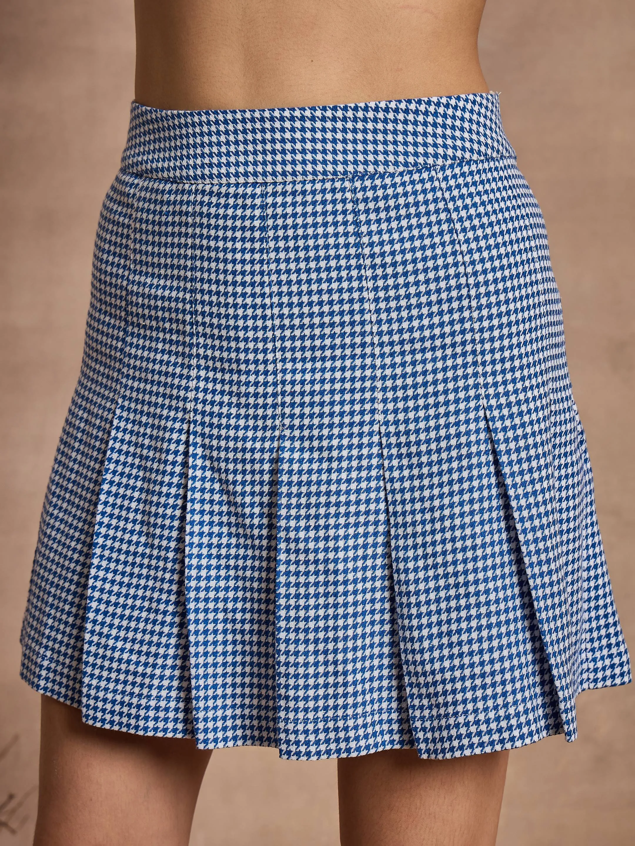 Women Blue Houndstooth Check Pleated Mini Skirt