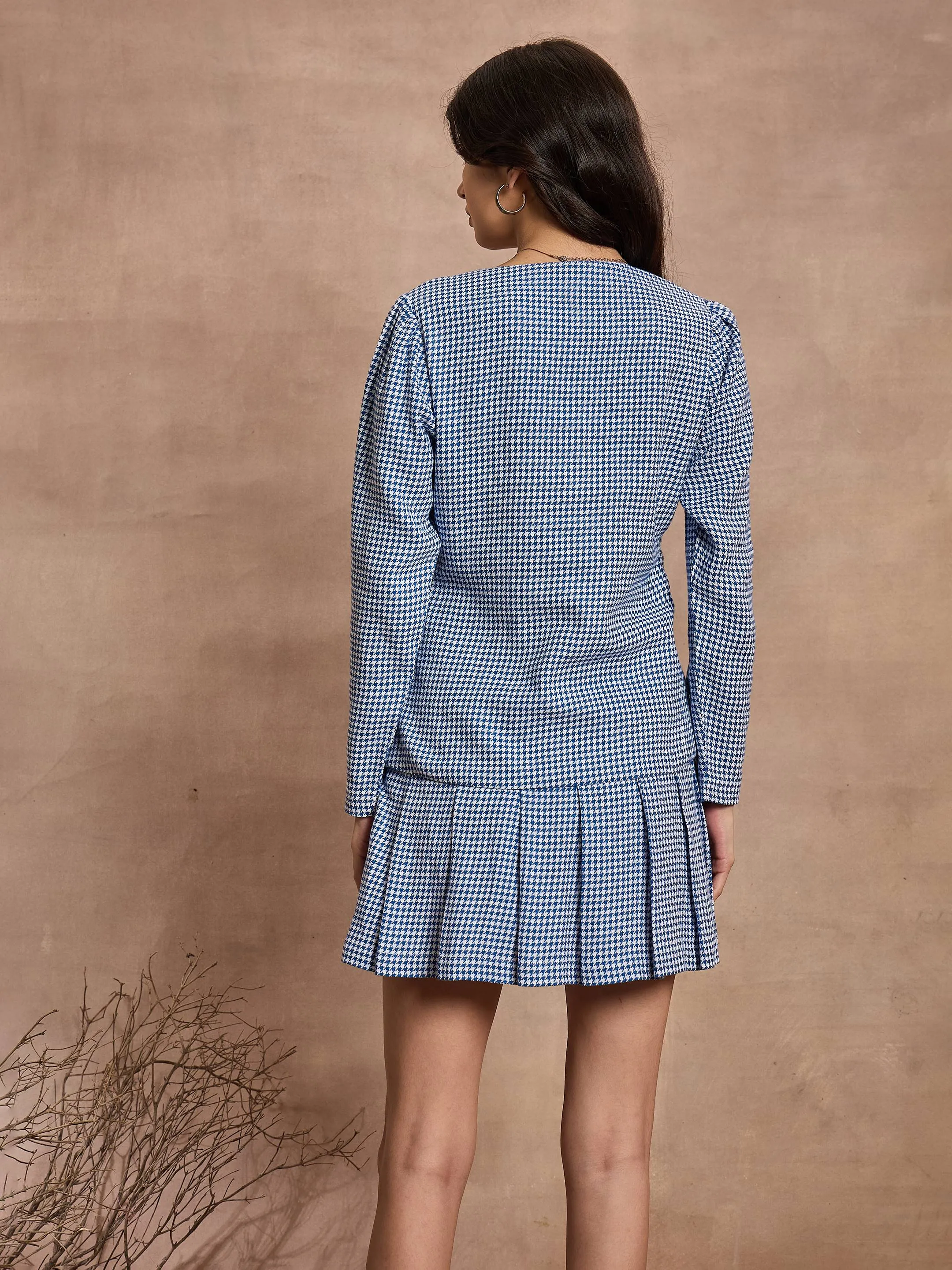 Women Blue Houndstooth Check Pleated Mini Skirt