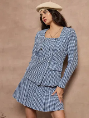 Women Blue Houndstooth Top With Mini Skirt