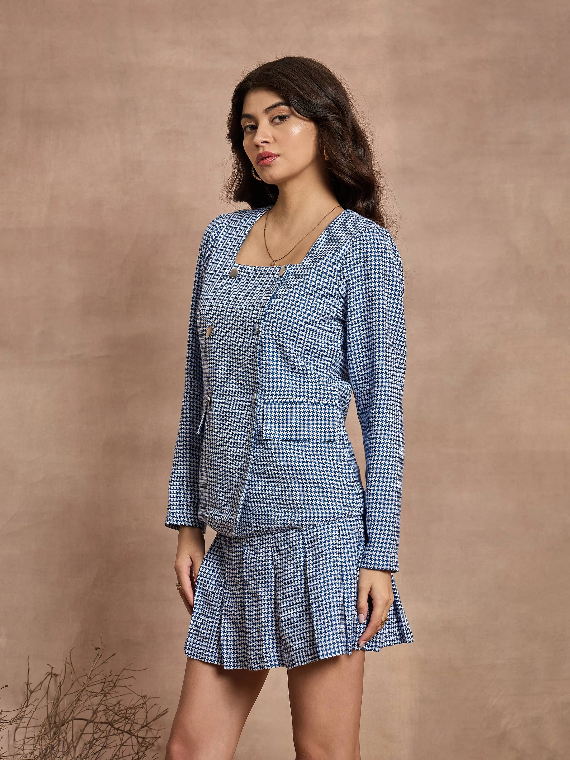 Women Blue Houndstooth Top With Mini Skirt