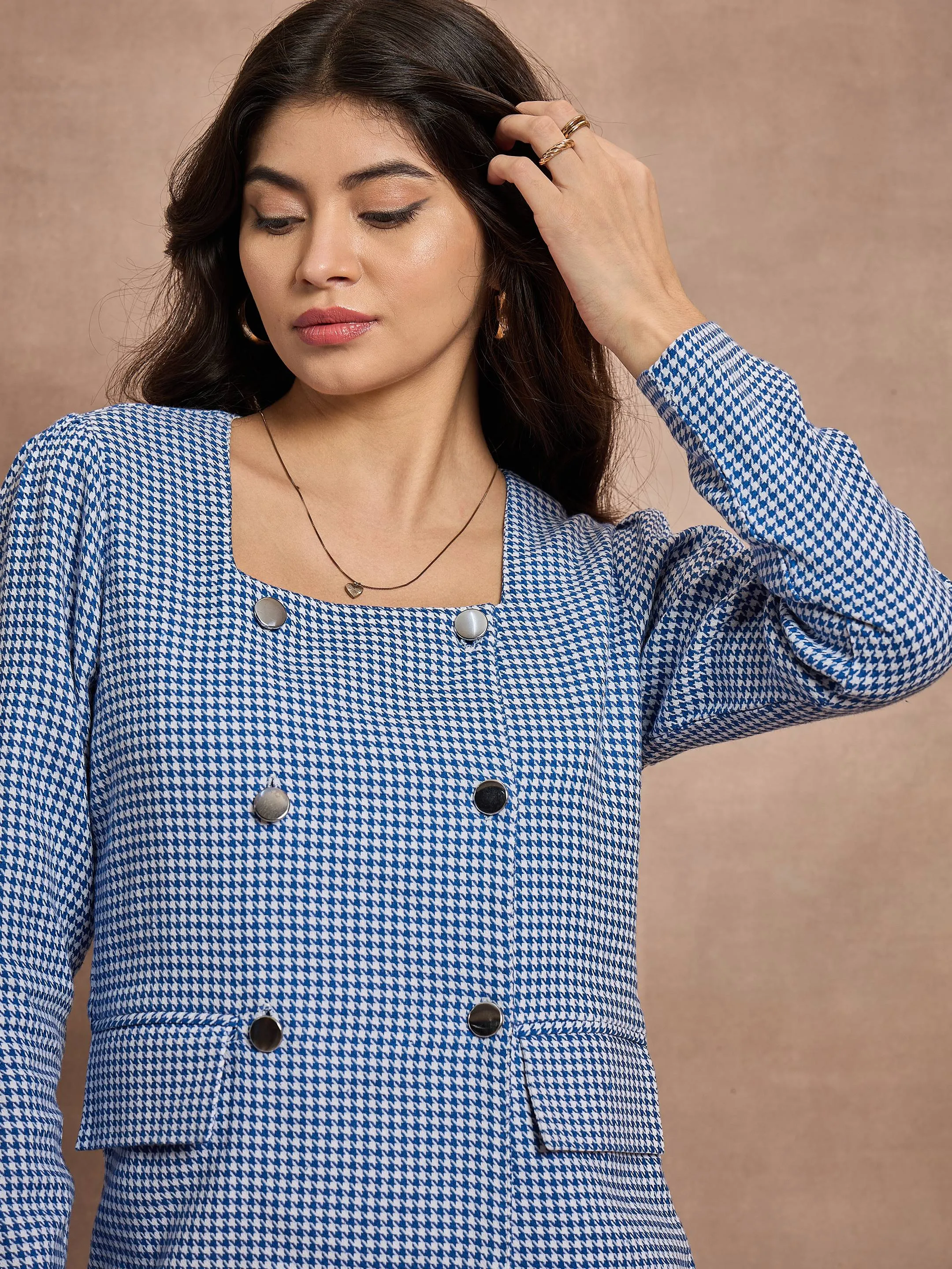 Women Blue Houndstooth Top With Mini Skirt