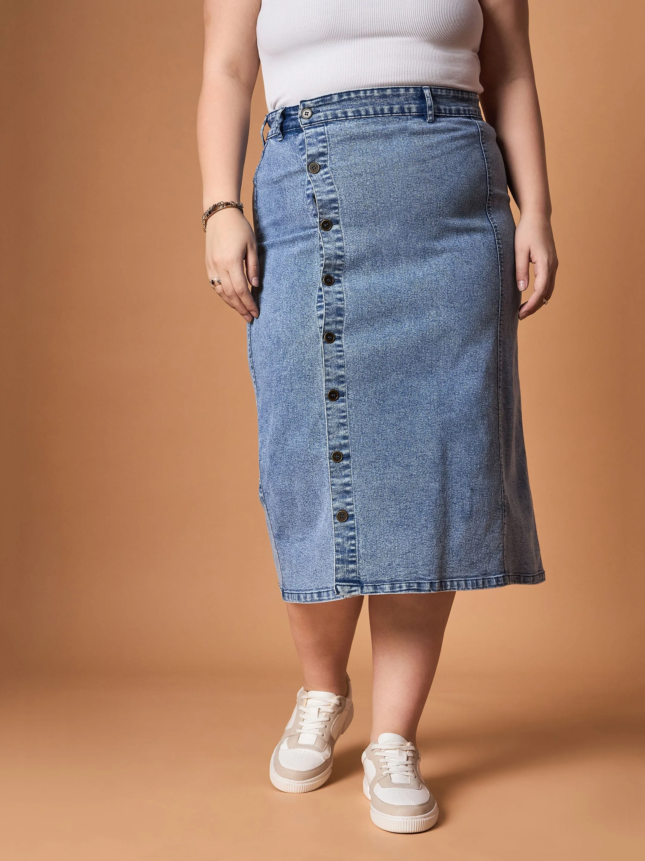 Women Blue Wash Denim Side Button Midi Skirt