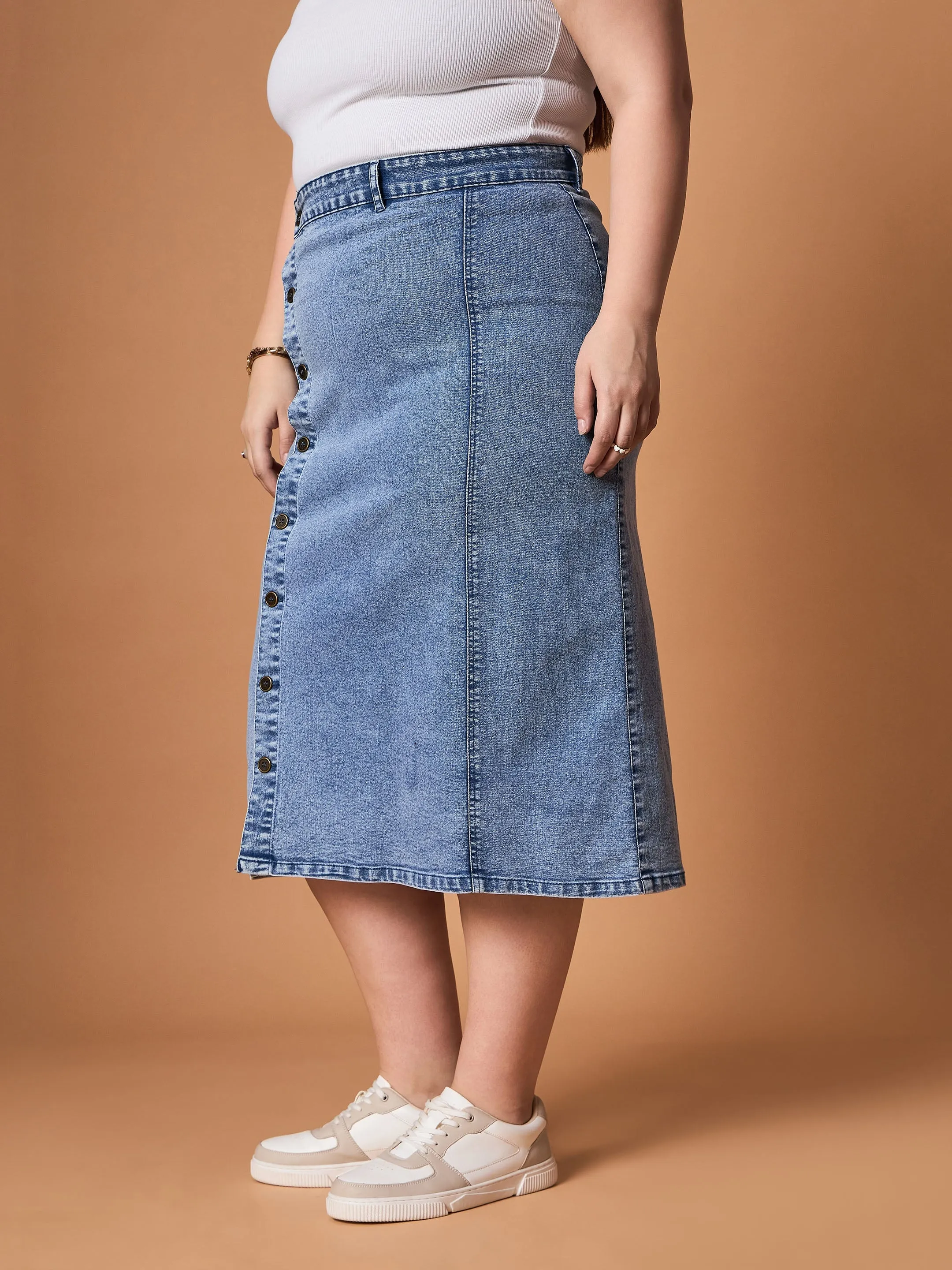 Women Blue Wash Denim Side Button Midi Skirt