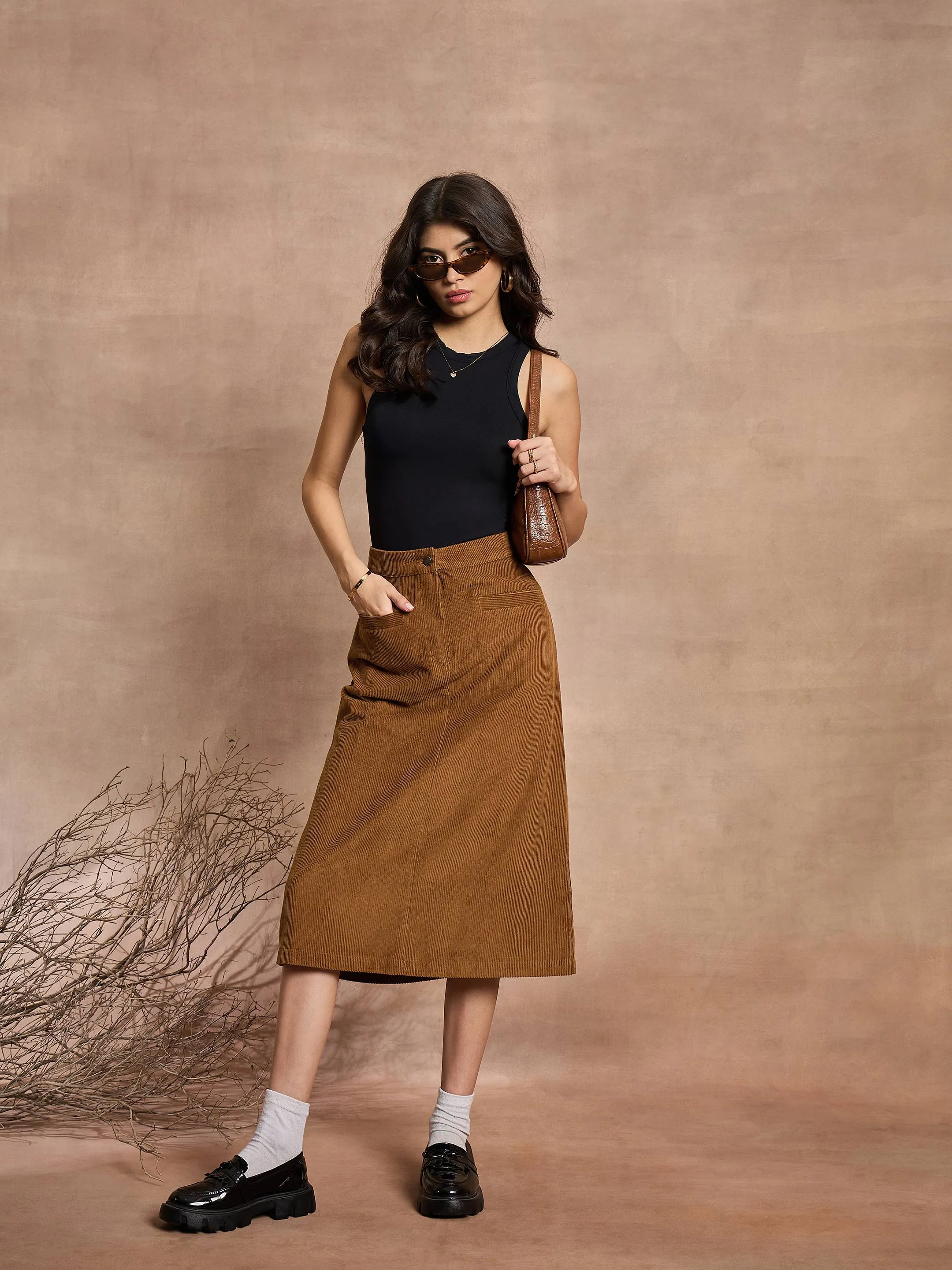 Women Brown Corduroy Mock Pocket Skirt