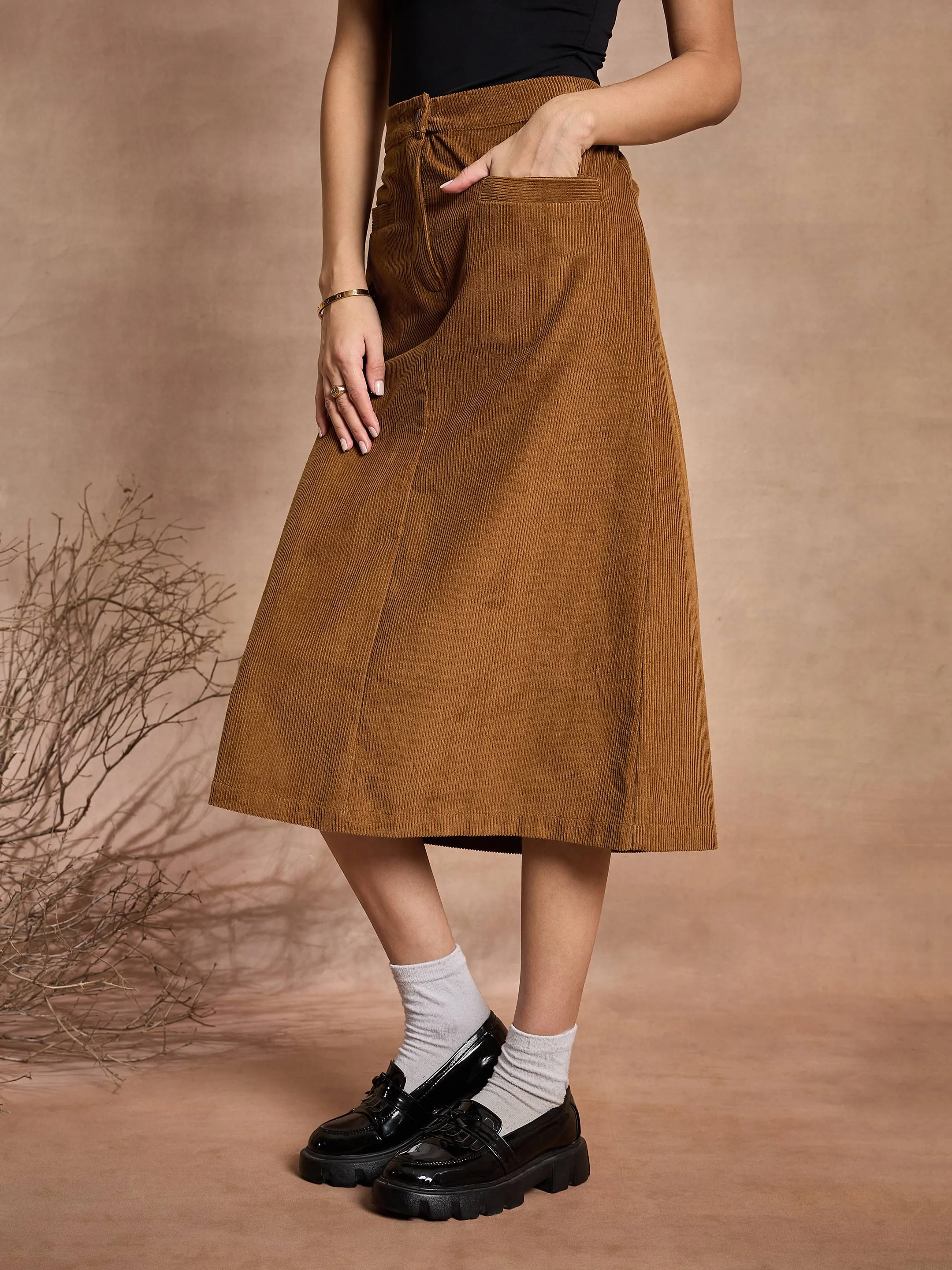 Women Brown Corduroy Mock Pocket Skirt