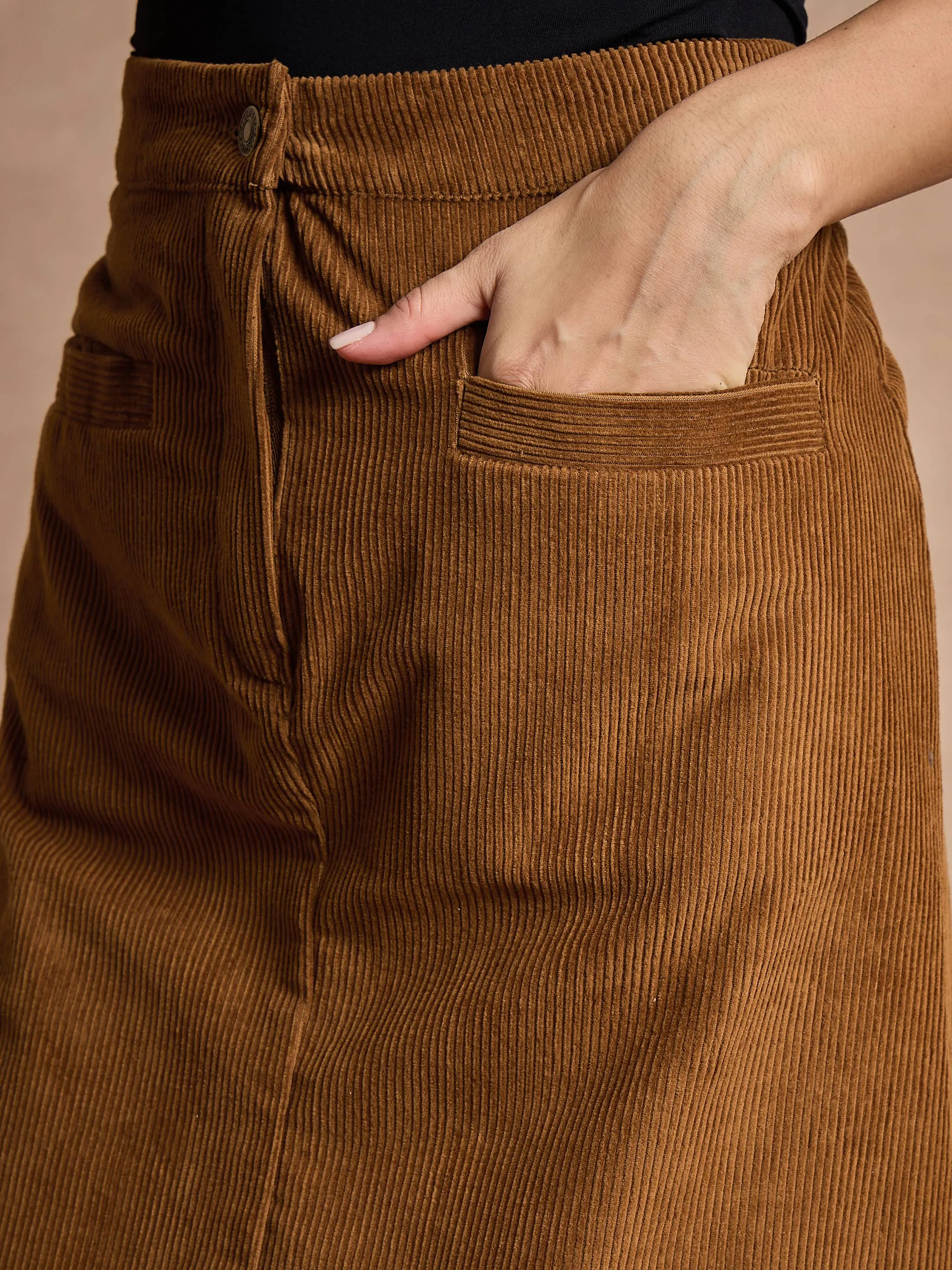 Women Brown Corduroy Mock Pocket Skirt