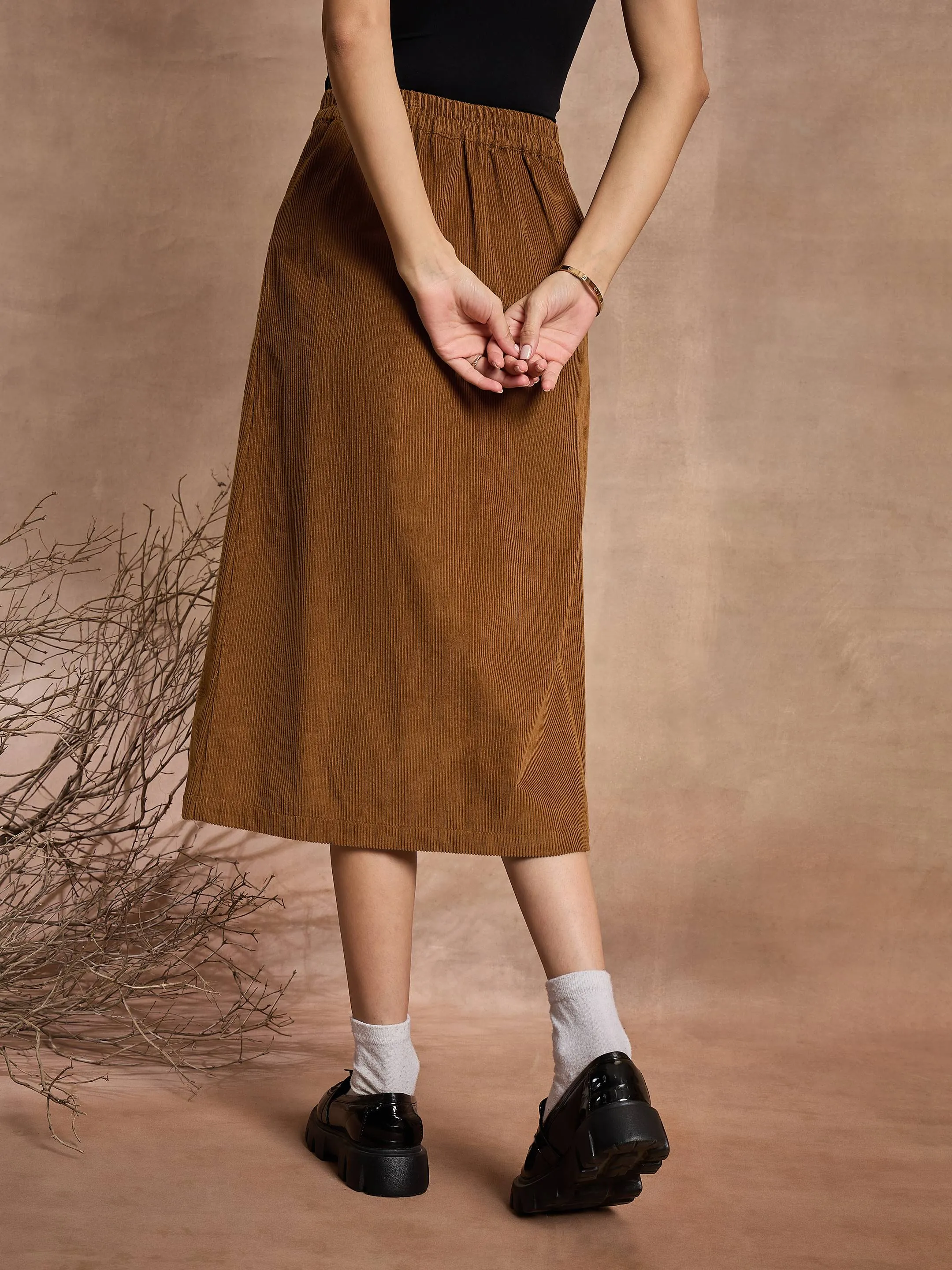 Women Brown Corduroy Mock Pocket Skirt