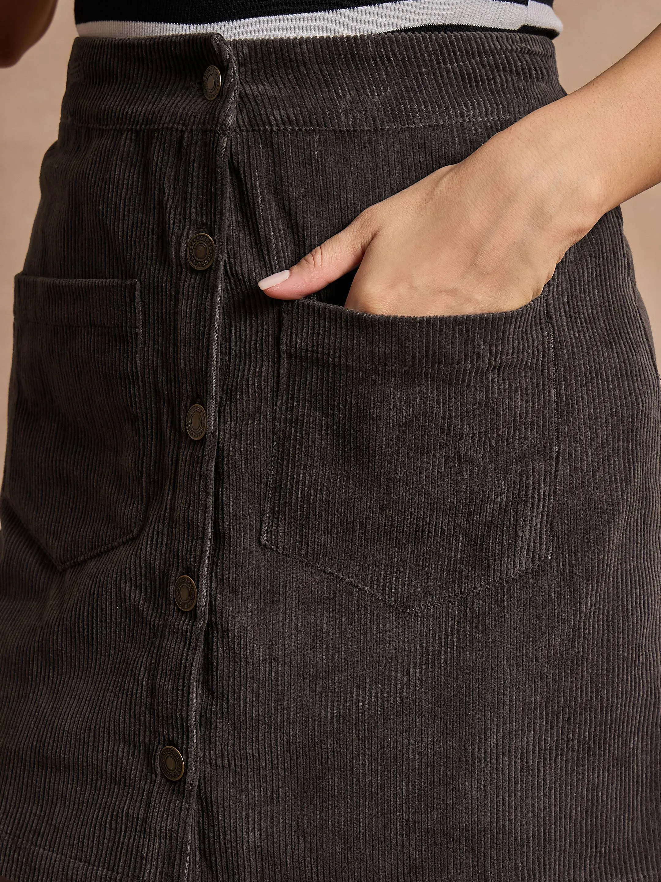 Women Dark Grey Corduroy Front Button Mini Skirt