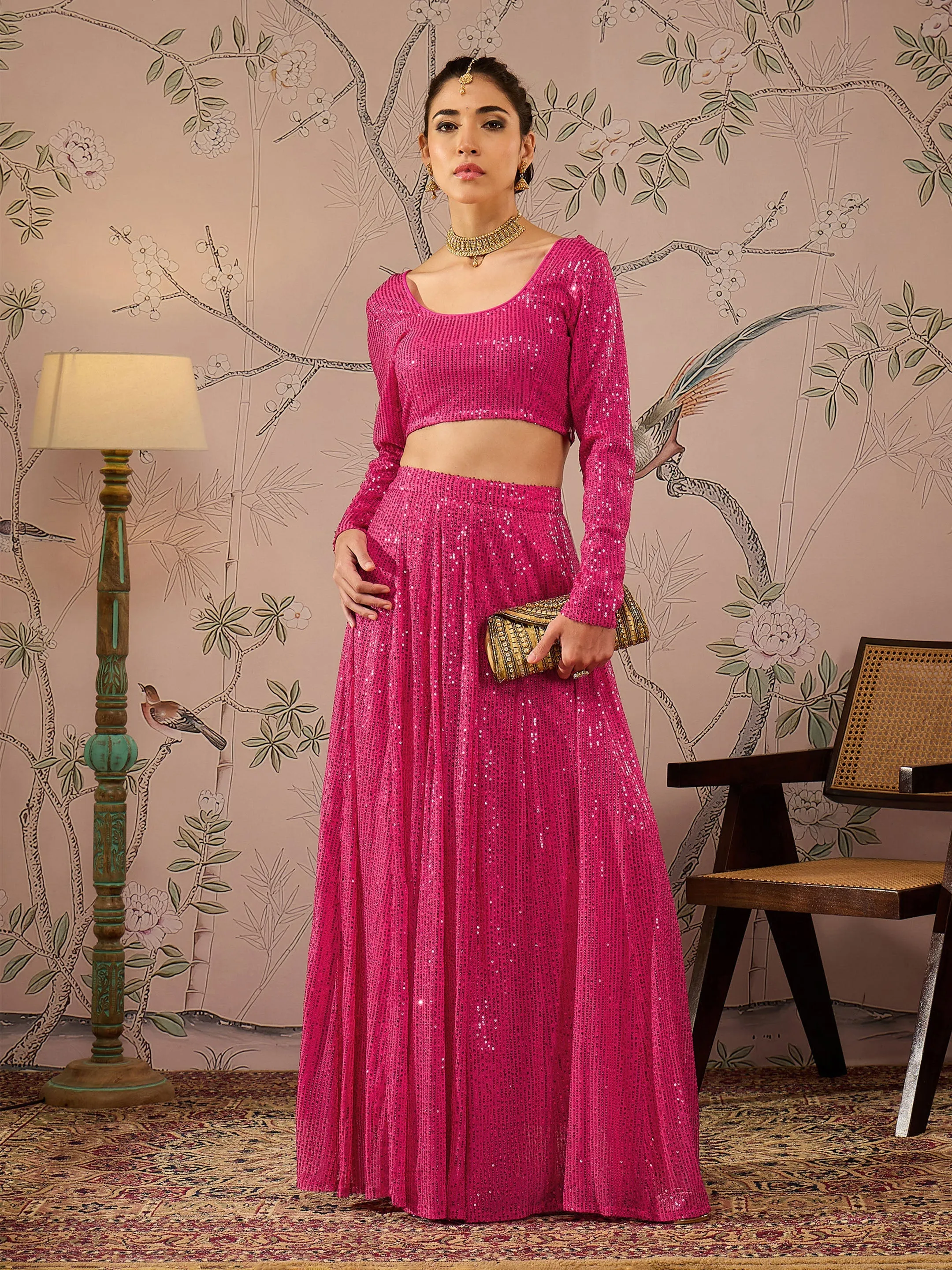 Women Fuchsia Sequins Crop Top With Anarkali Skirt