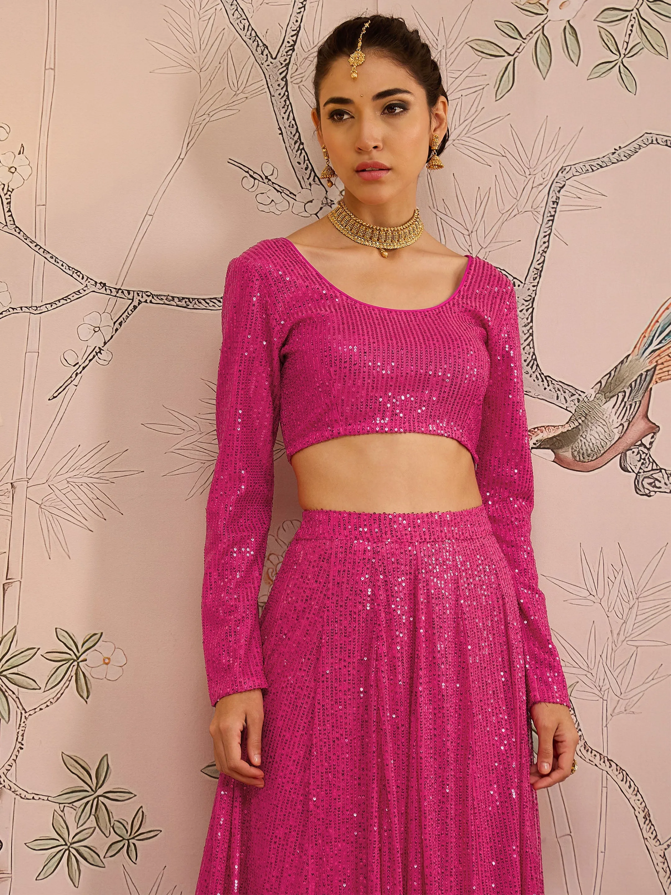 Women Fuchsia Sequins Crop Top With Anarkali Skirt