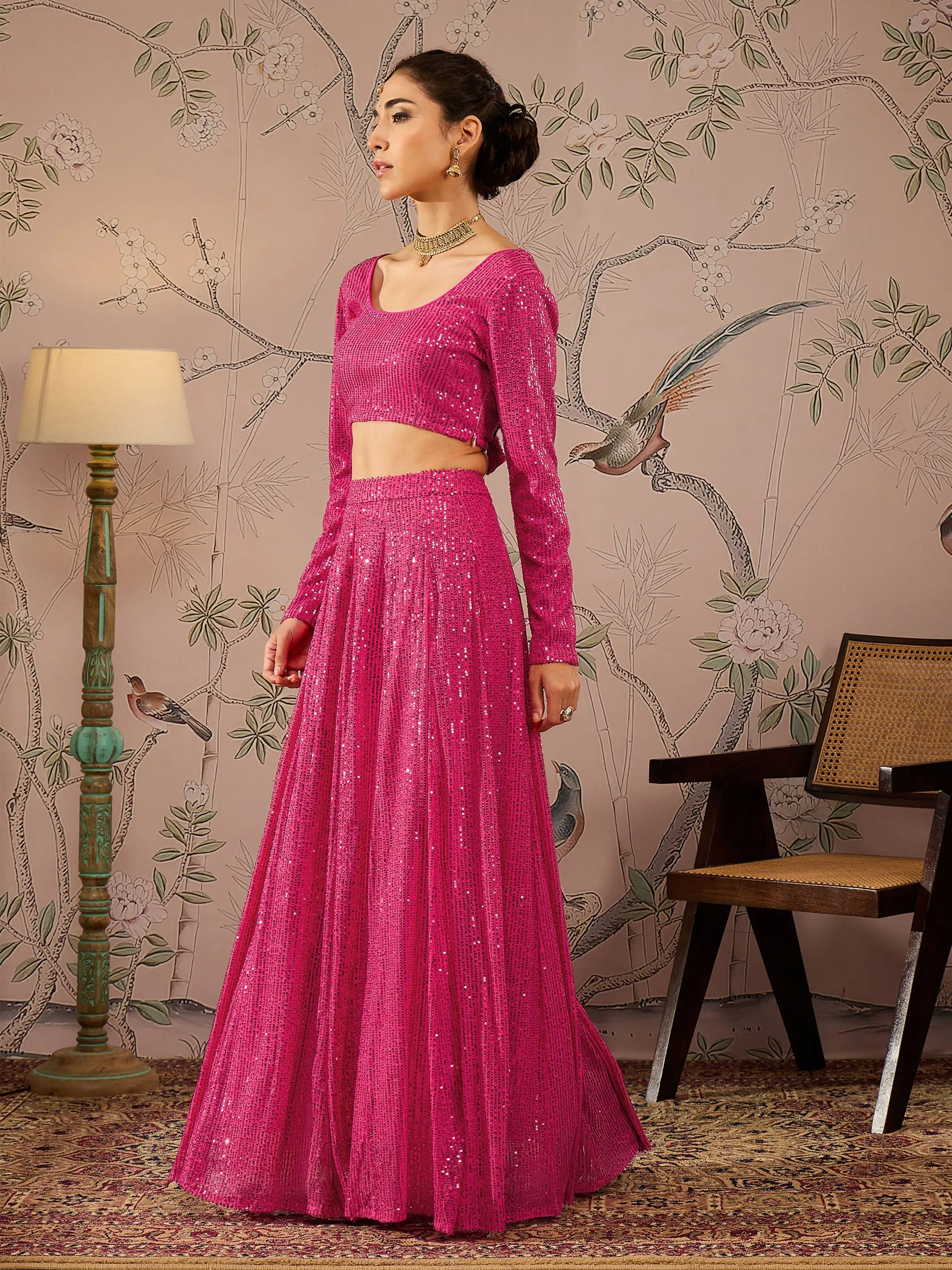 Women Fuchsia Sequins Crop Top With Anarkali Skirt