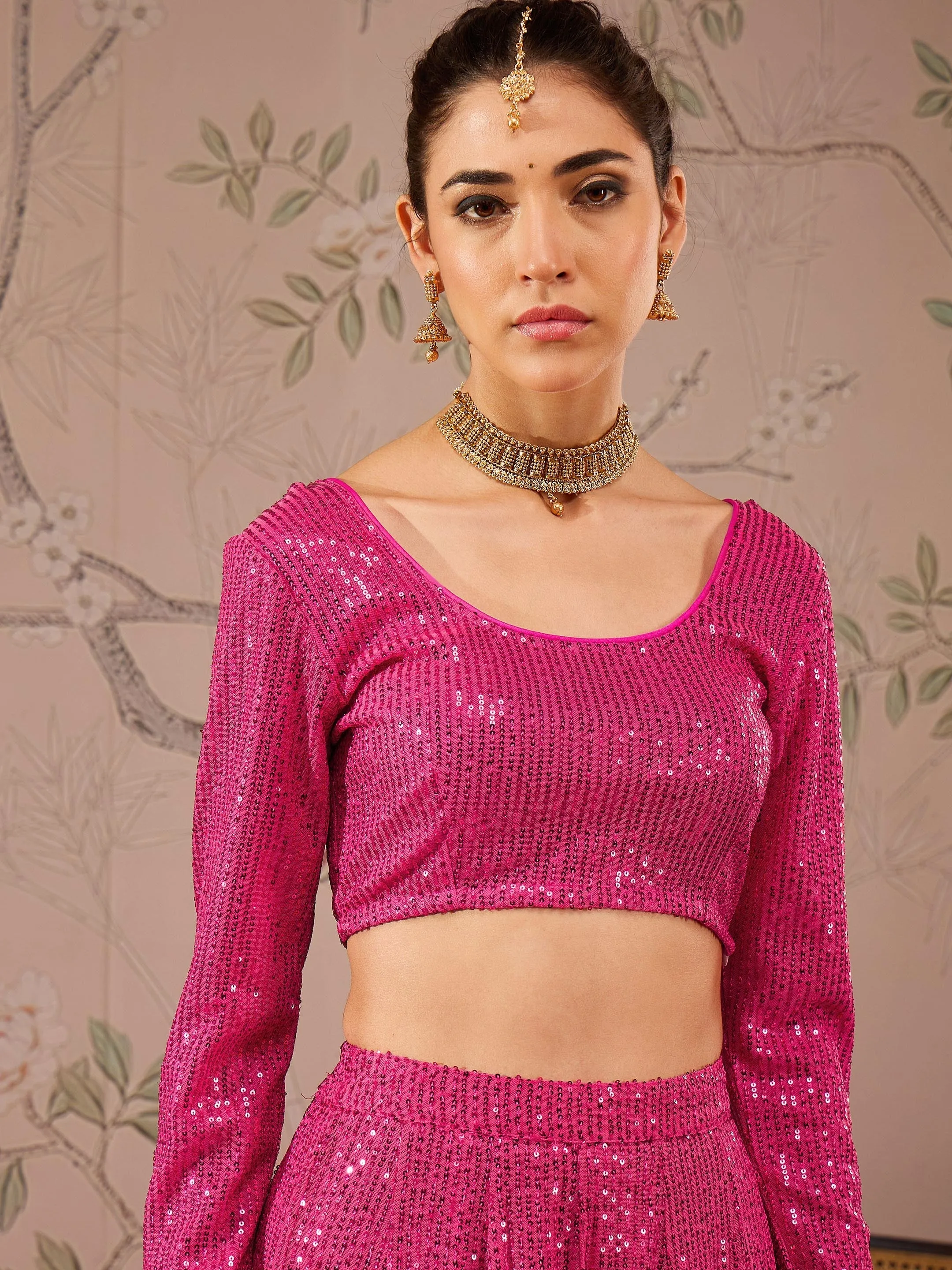 Women Fuchsia Sequins Crop Top With Anarkali Skirt