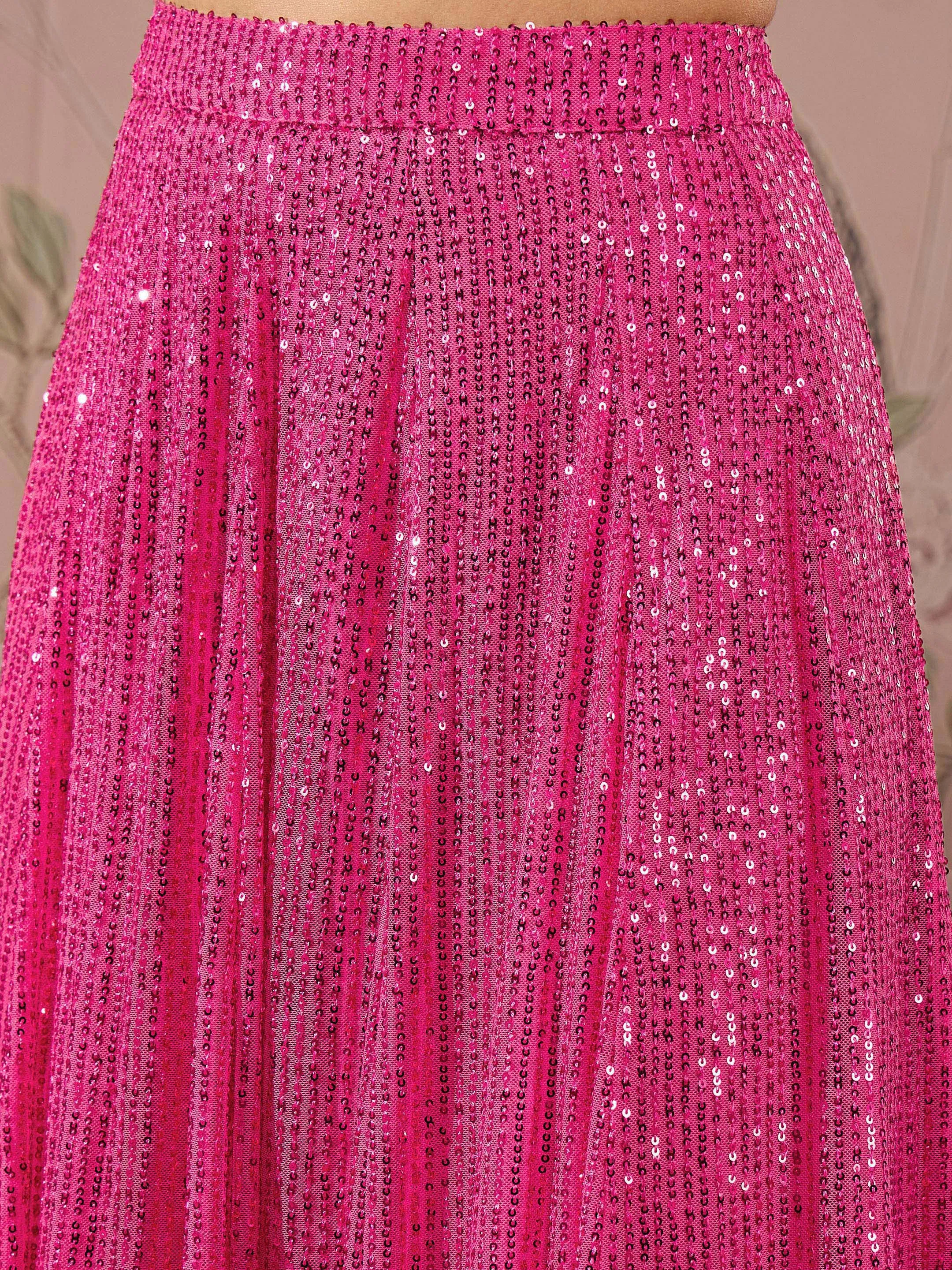 Women Fuchsia Sequins Crop Top With Anarkali Skirt