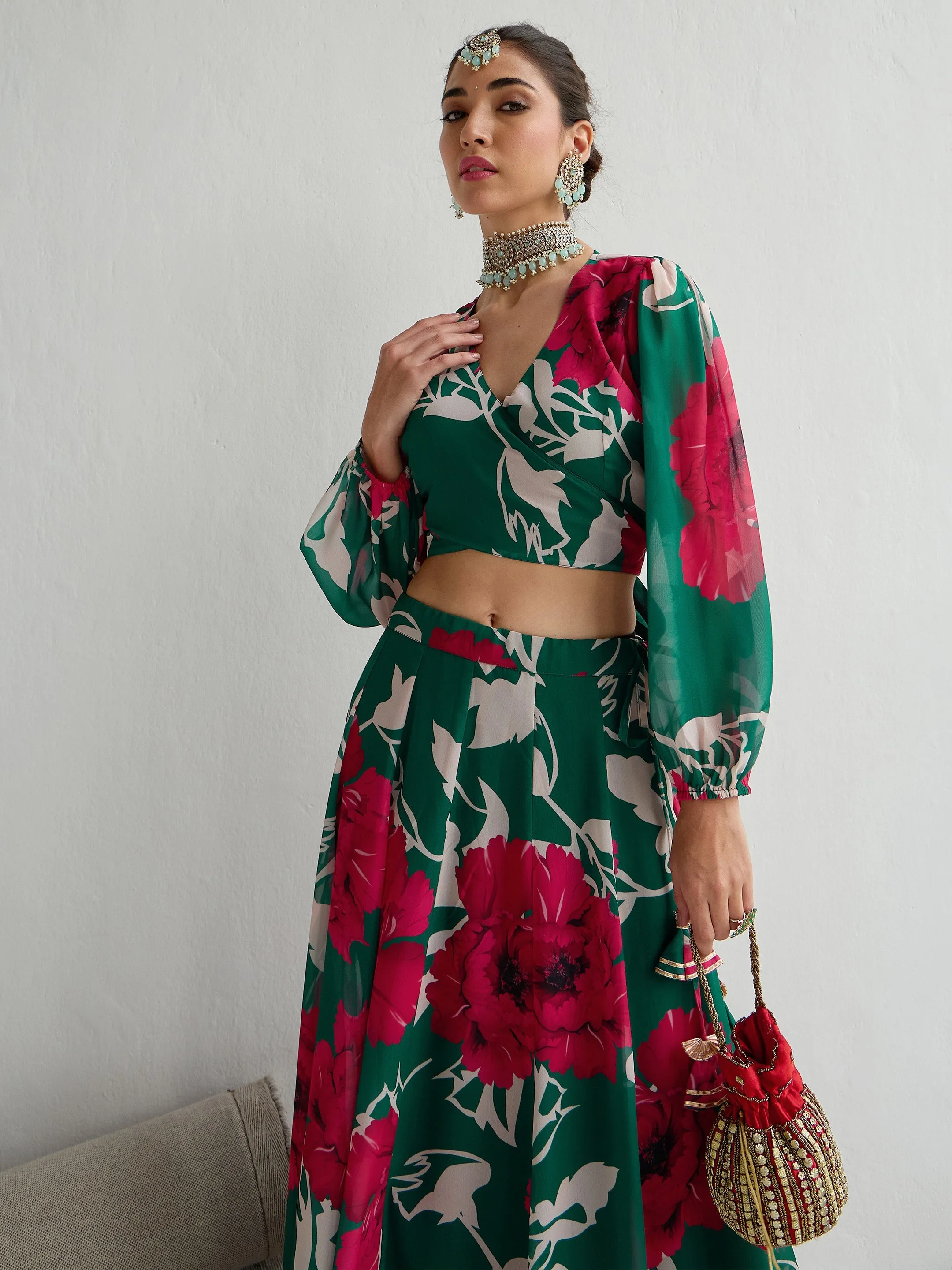 Women Green & Red Floral Wrap Top With Anarkali Skirt