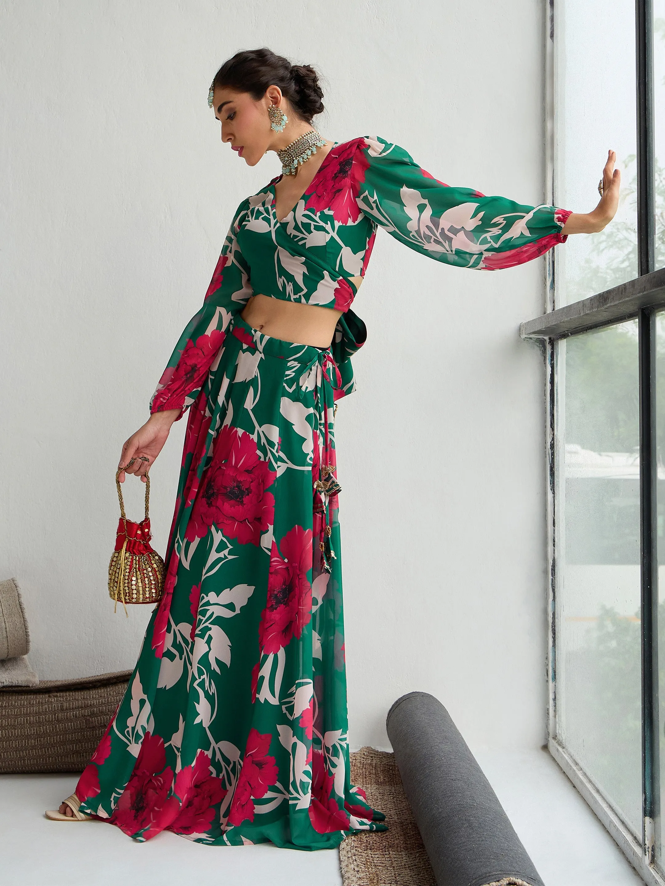 Women Green & Red Floral Wrap Top With Anarkali Skirt