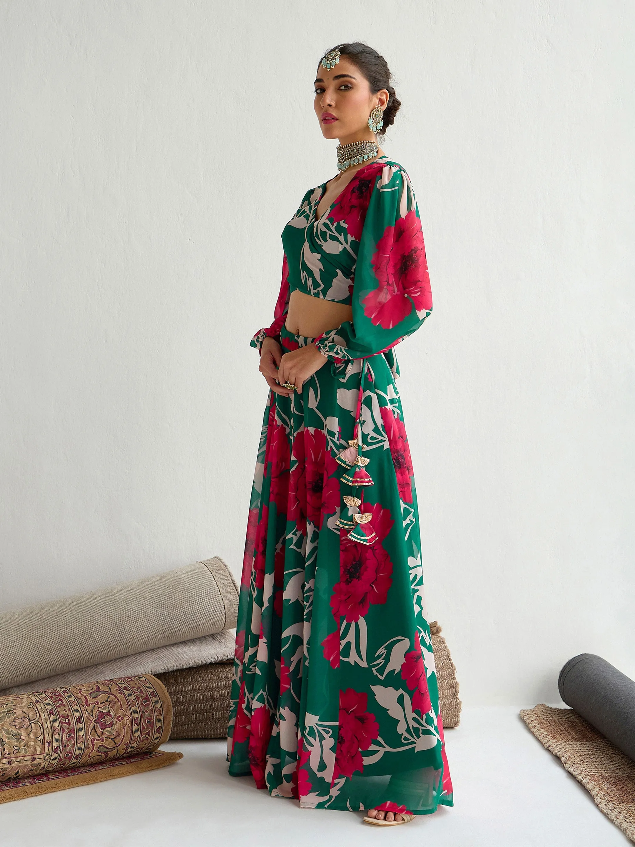 Women Green & Red Floral Wrap Top With Anarkali Skirt