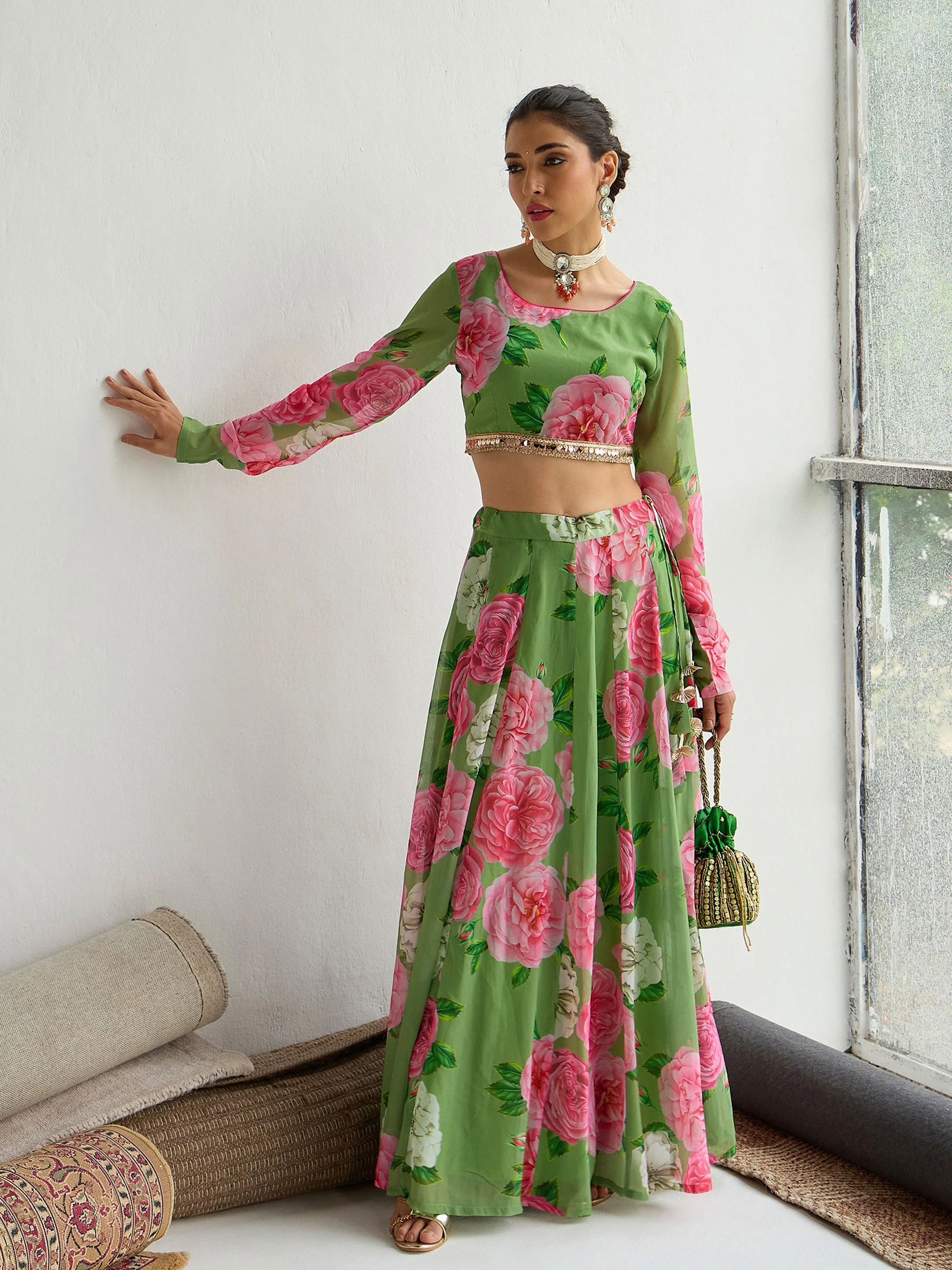 Women Green Floral Crop Top With Anarkali Skirt