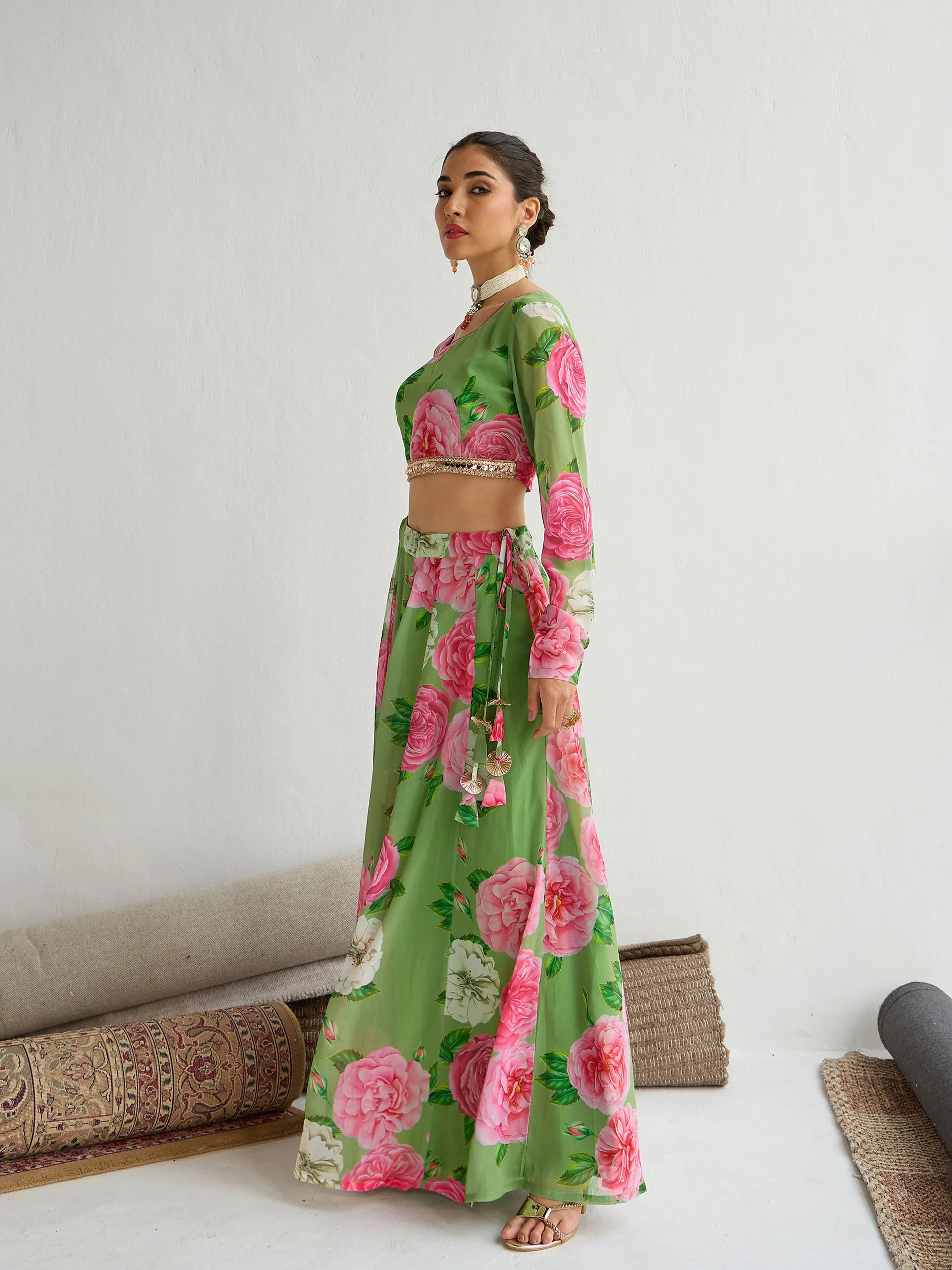 Women Green Floral Crop Top With Anarkali Skirt