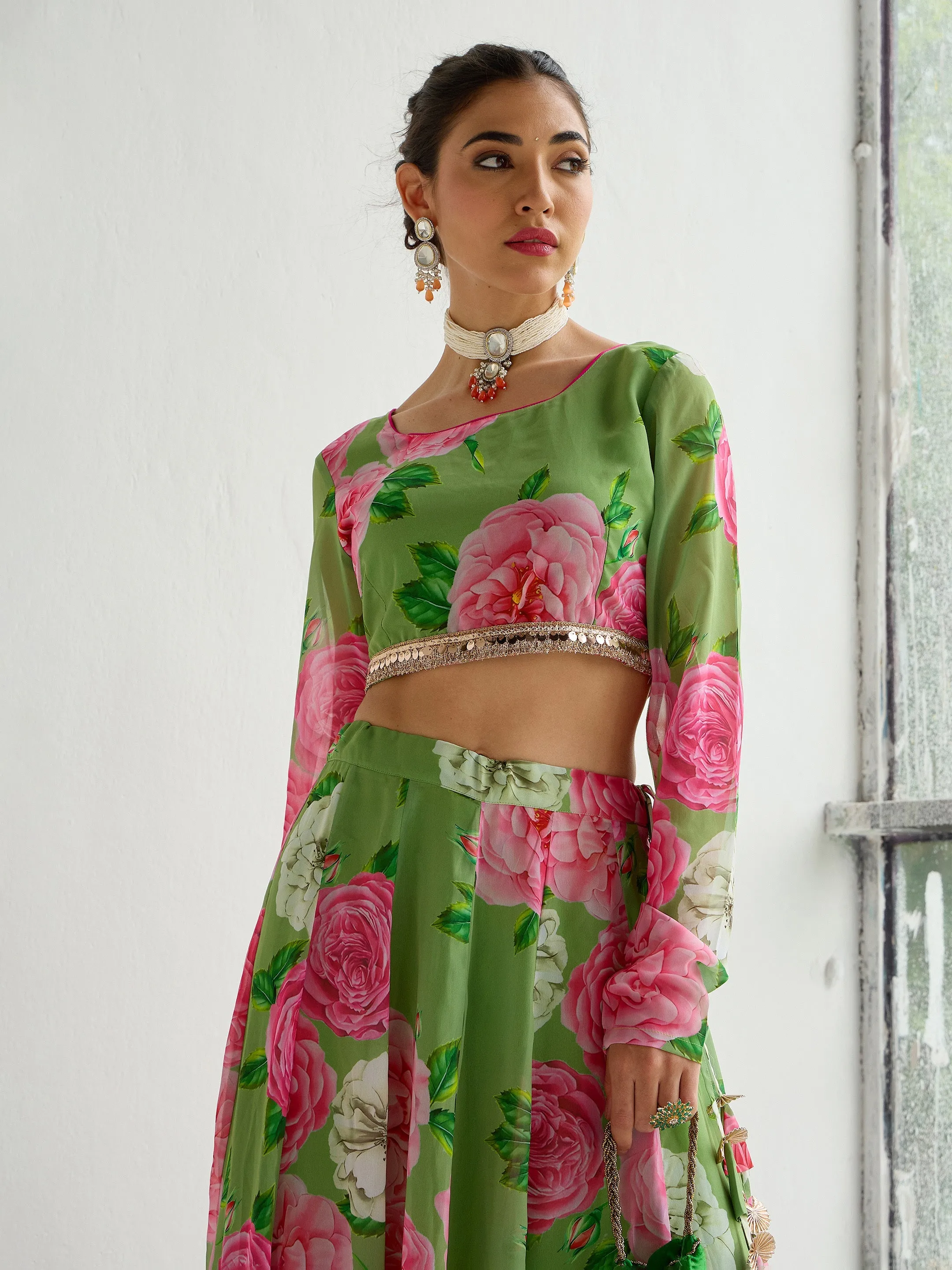 Women Green Floral Crop Top With Anarkali Skirt