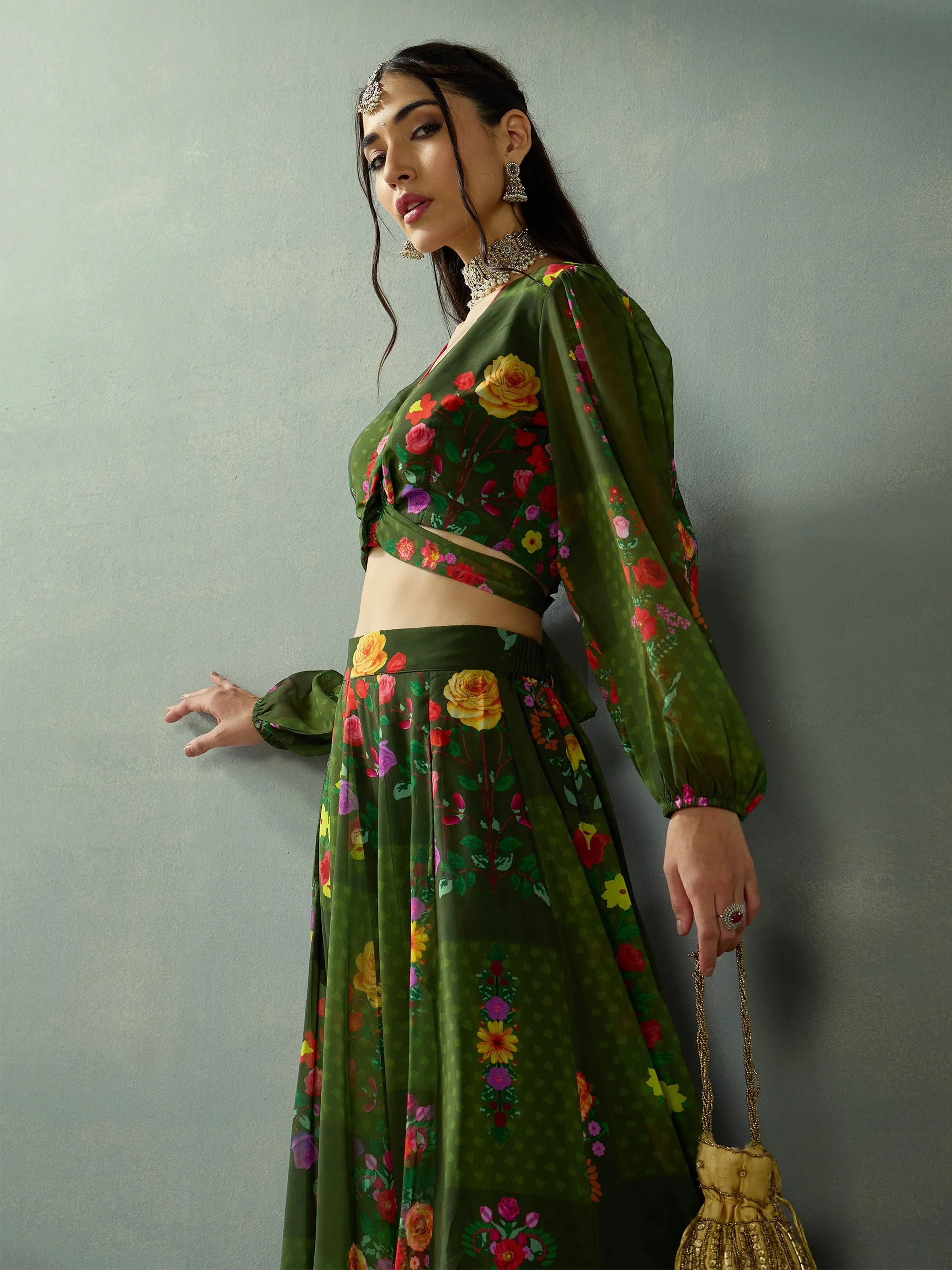 Women Green Floral Tie Knot Crop Top With Anarkali Skirt