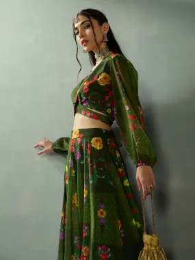 Women Green Floral Tie Knot Crop Top With Anarkali Skirt