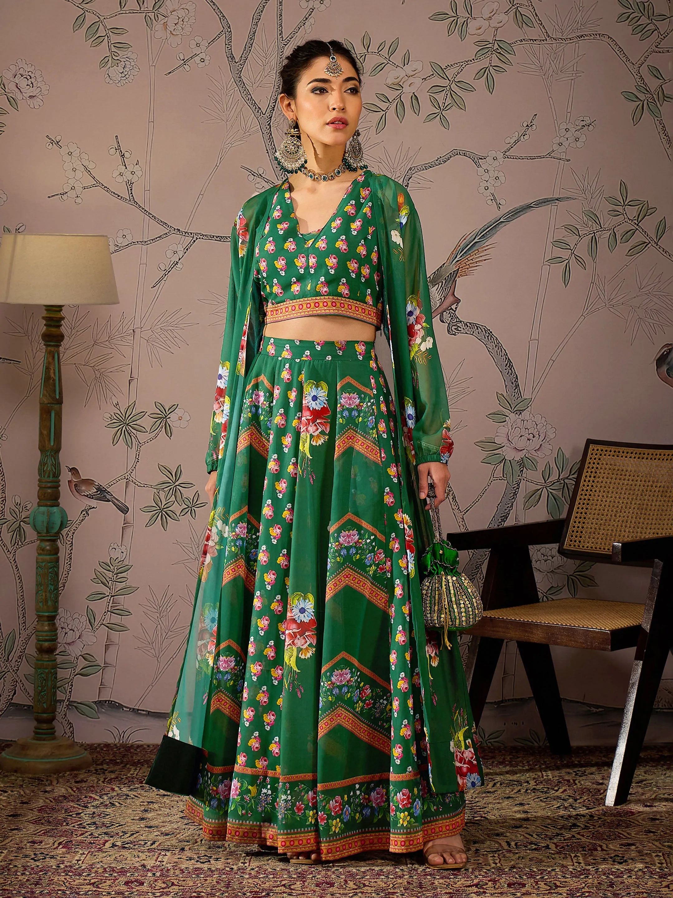 Women Green Multi Floral Crop Top With Anarkali Skirt & Shrug