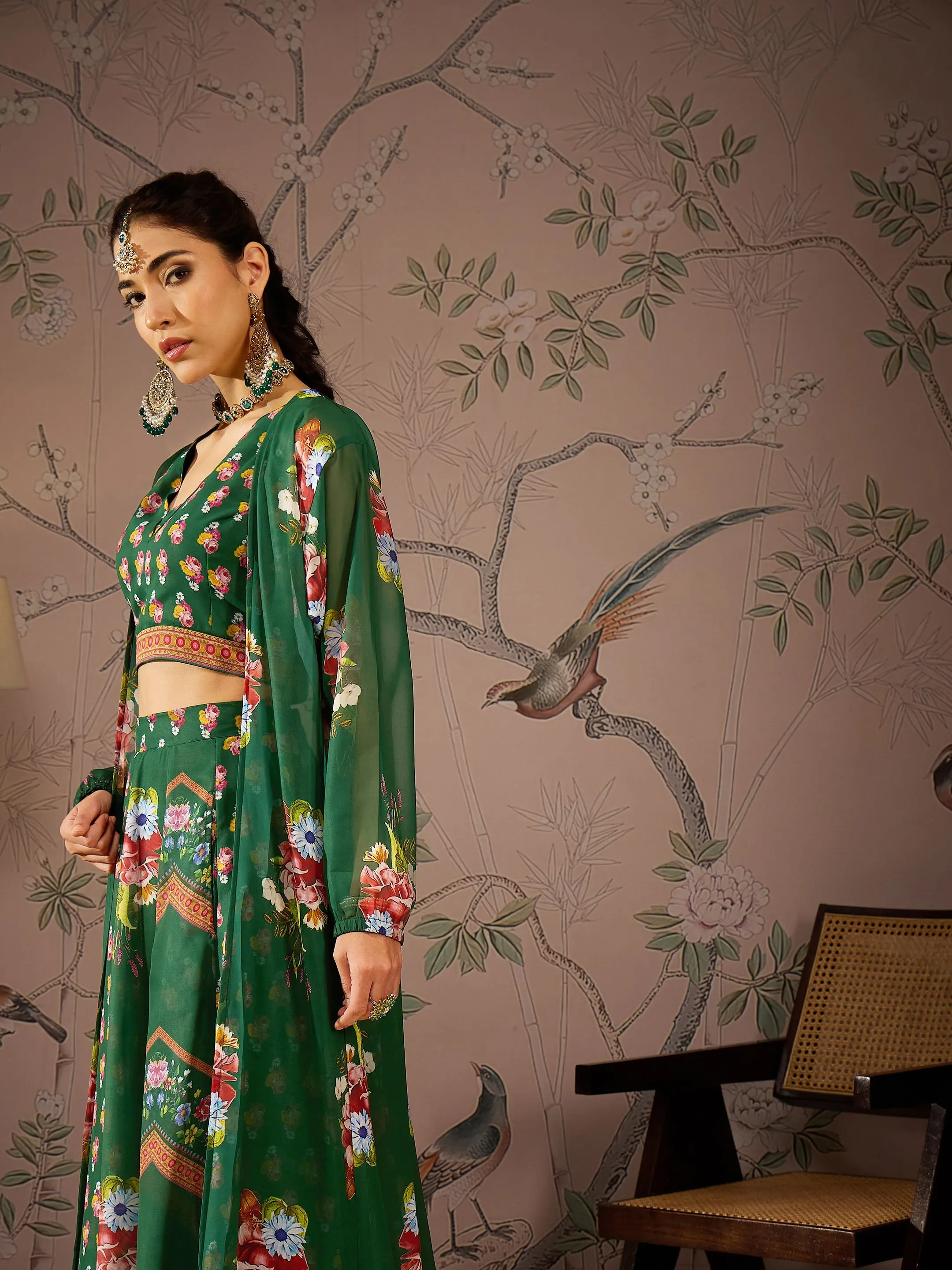 Women Green Multi Floral Crop Top With Anarkali Skirt & Shrug