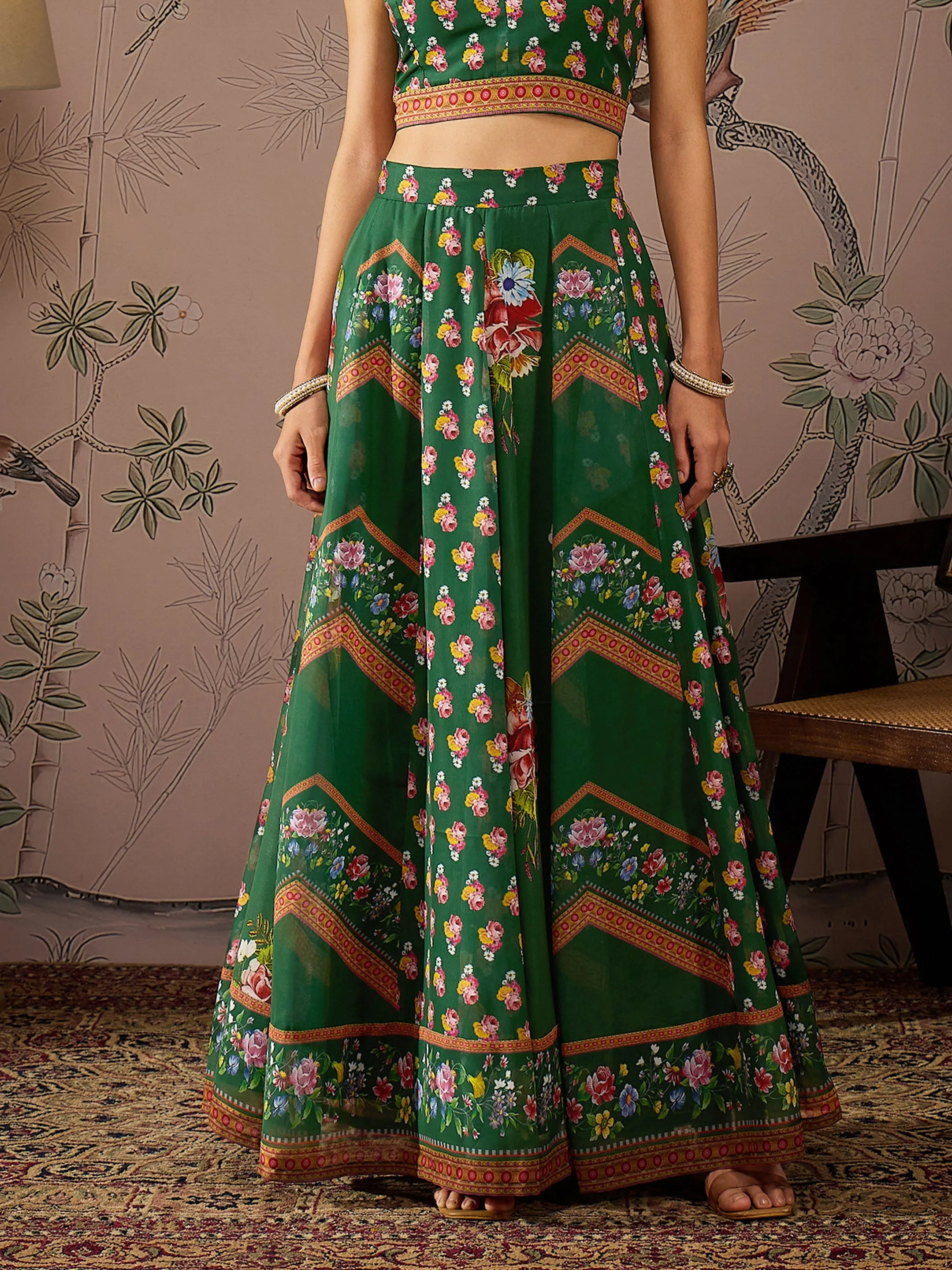 Women Green Multi Floral Crop Top With Anarkali Skirt & Shrug