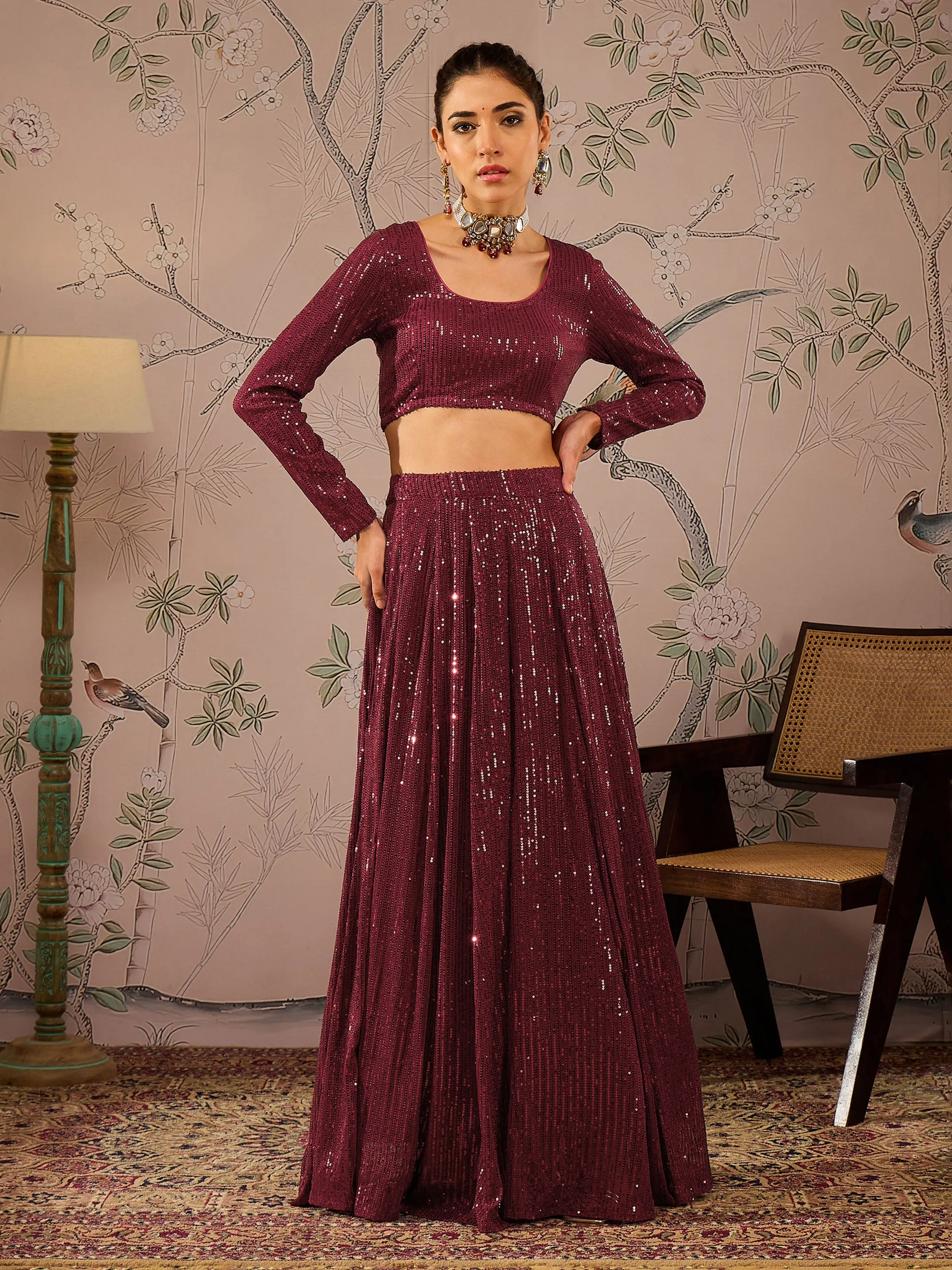 Women Maroon Sequins Crop Top With Anarkali Skirt