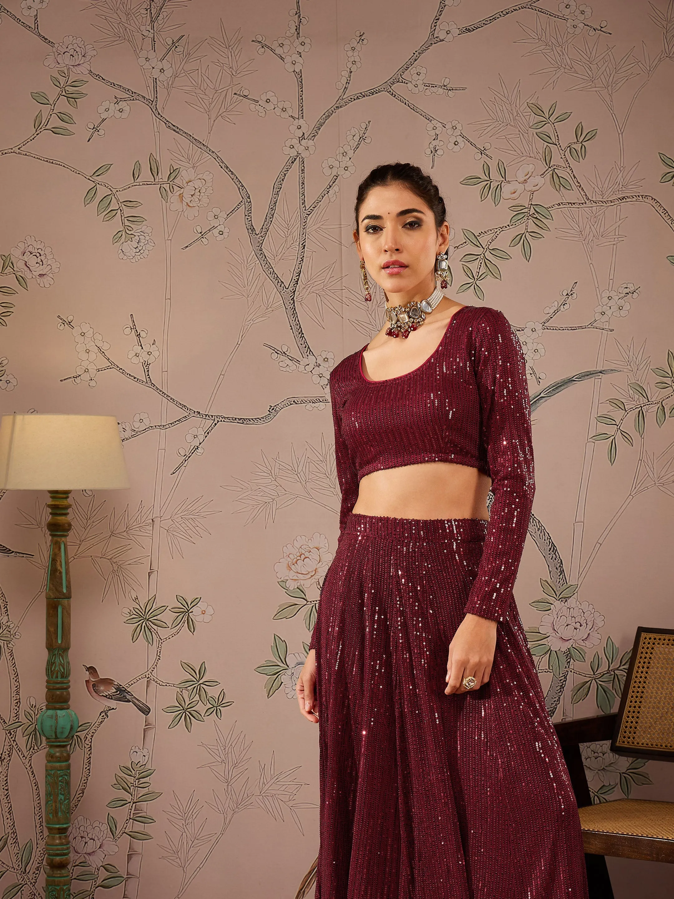 Women Maroon Sequins Crop Top With Anarkali Skirt