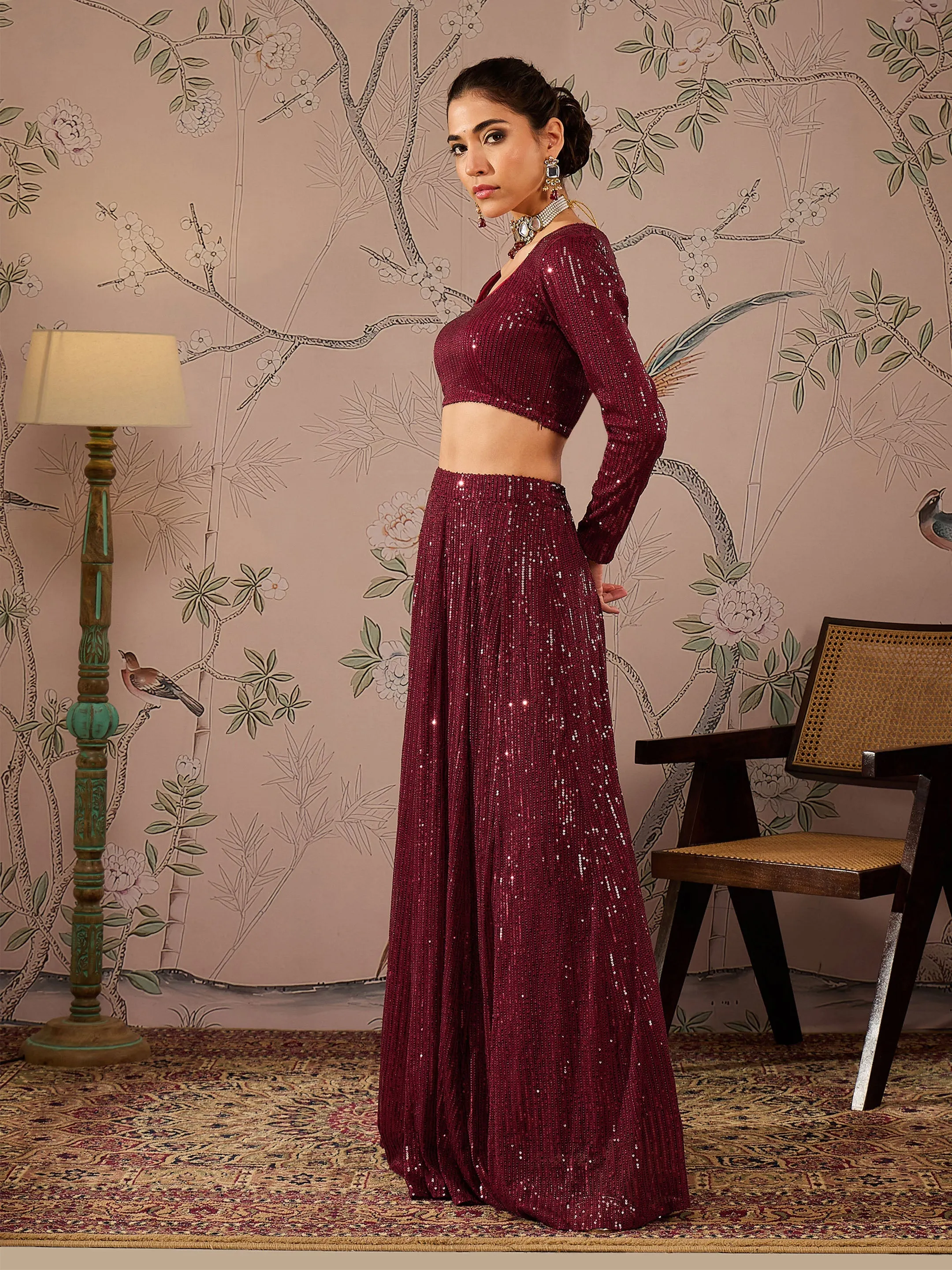 Women Maroon Sequins Crop Top With Anarkali Skirt