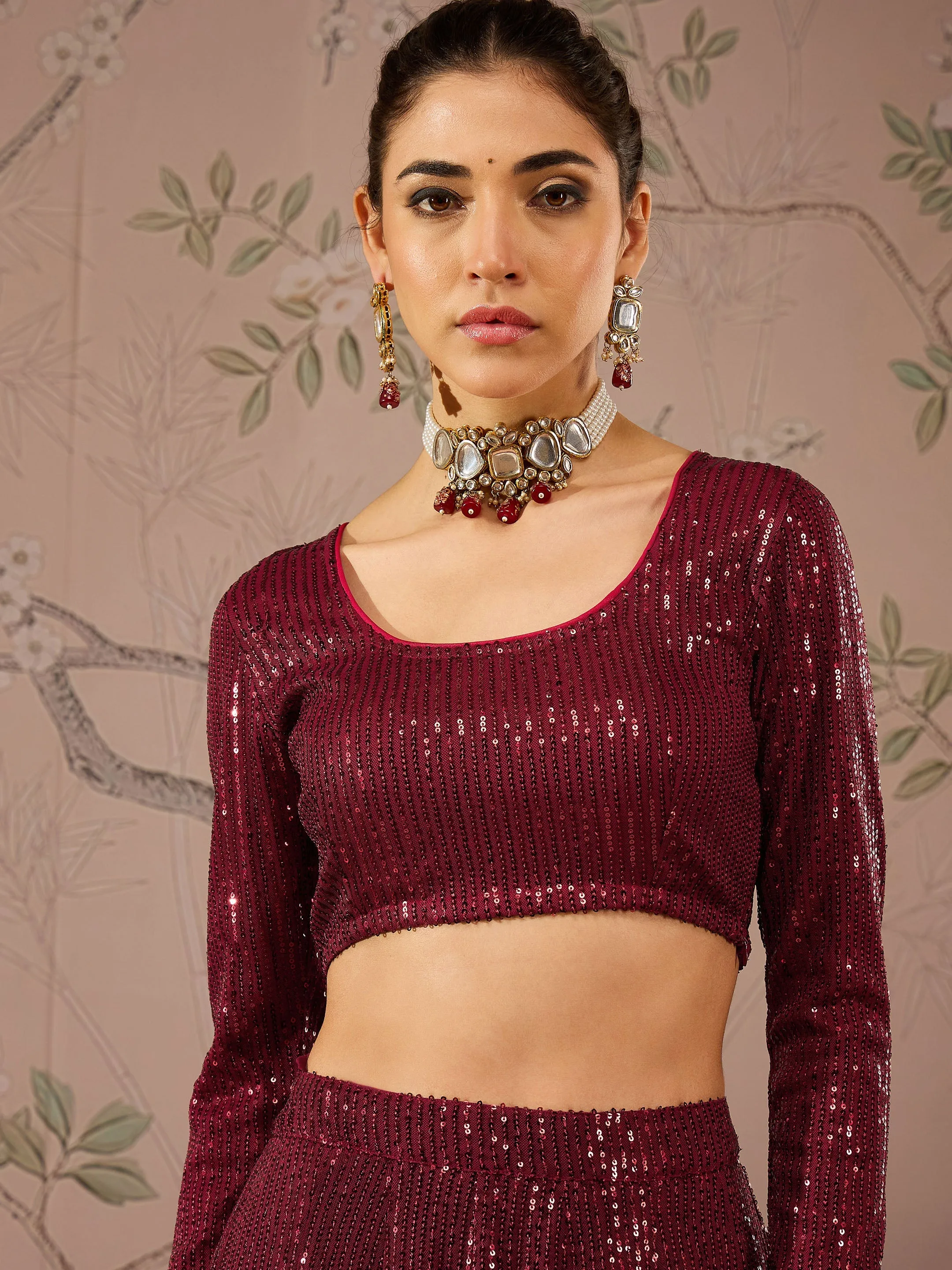 Women Maroon Sequins Crop Top With Anarkali Skirt