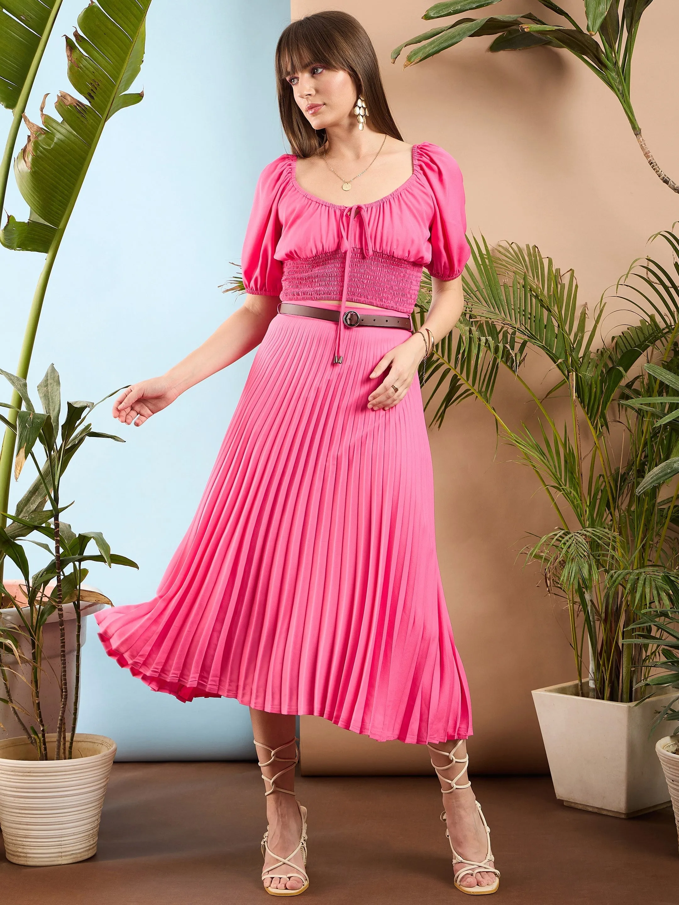 Women Pink Accordion Pleated Midi Skirt