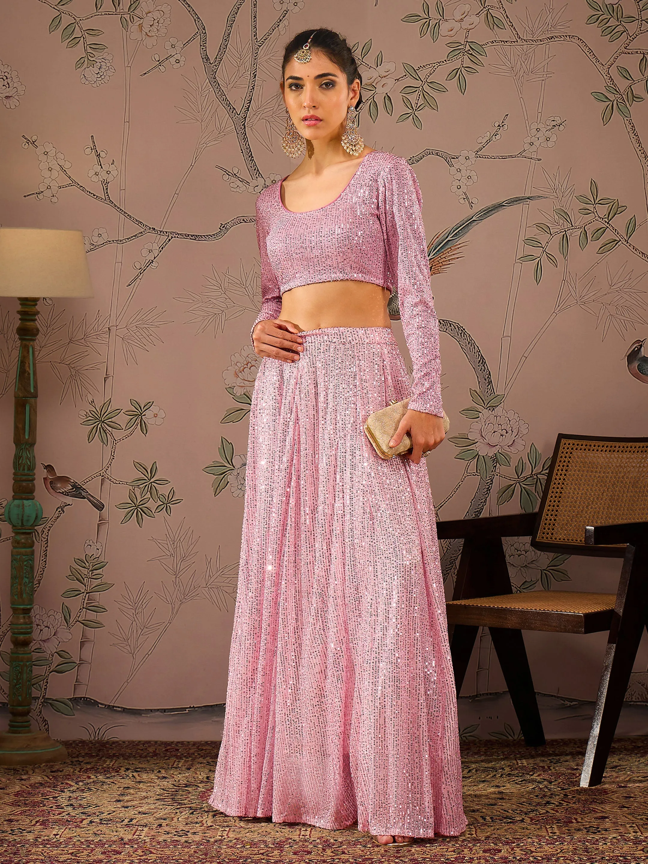 Women Pink Sequins Crop Top With Anarkali Skirt