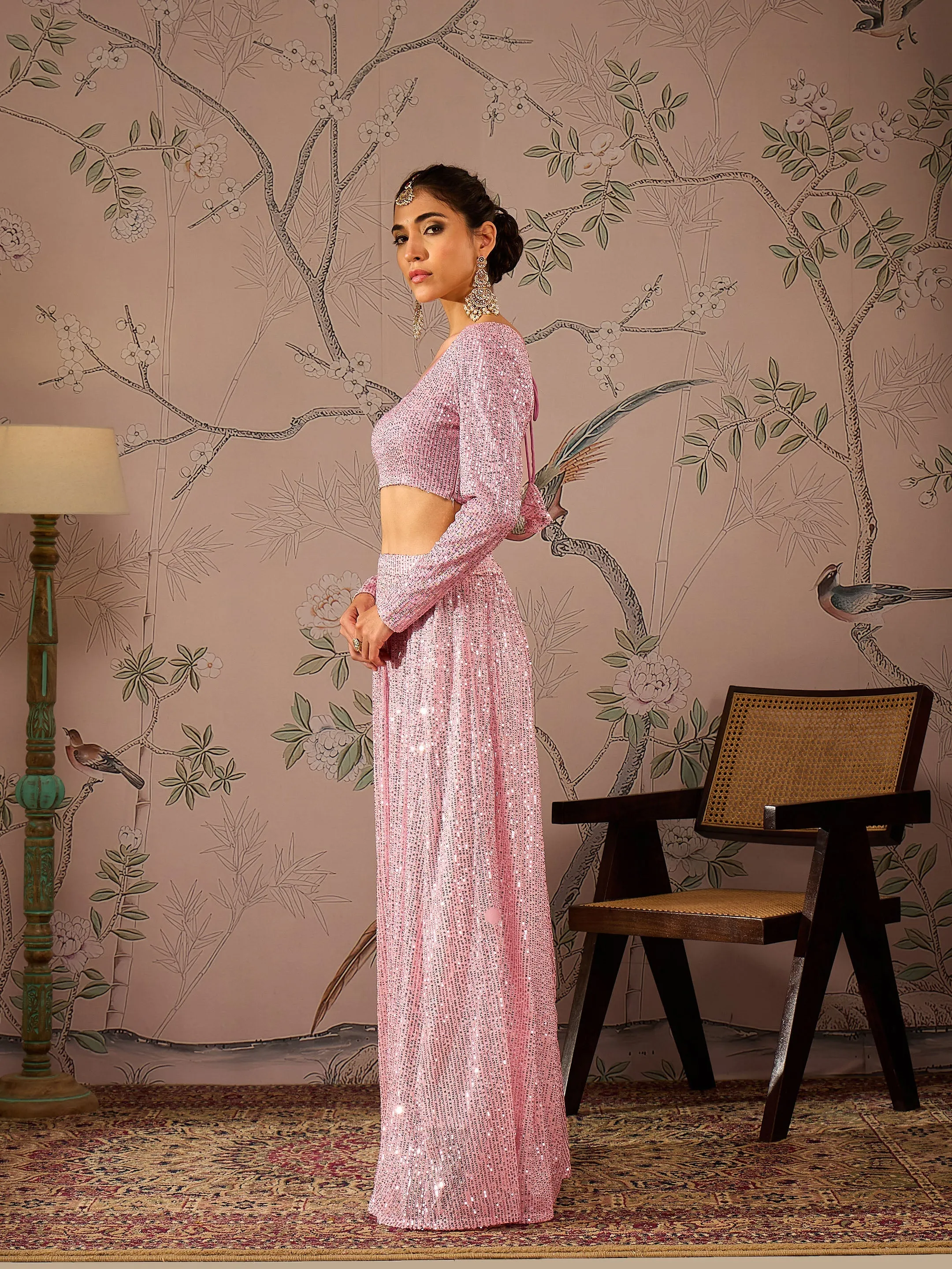 Women Pink Sequins Crop Top With Anarkali Skirt