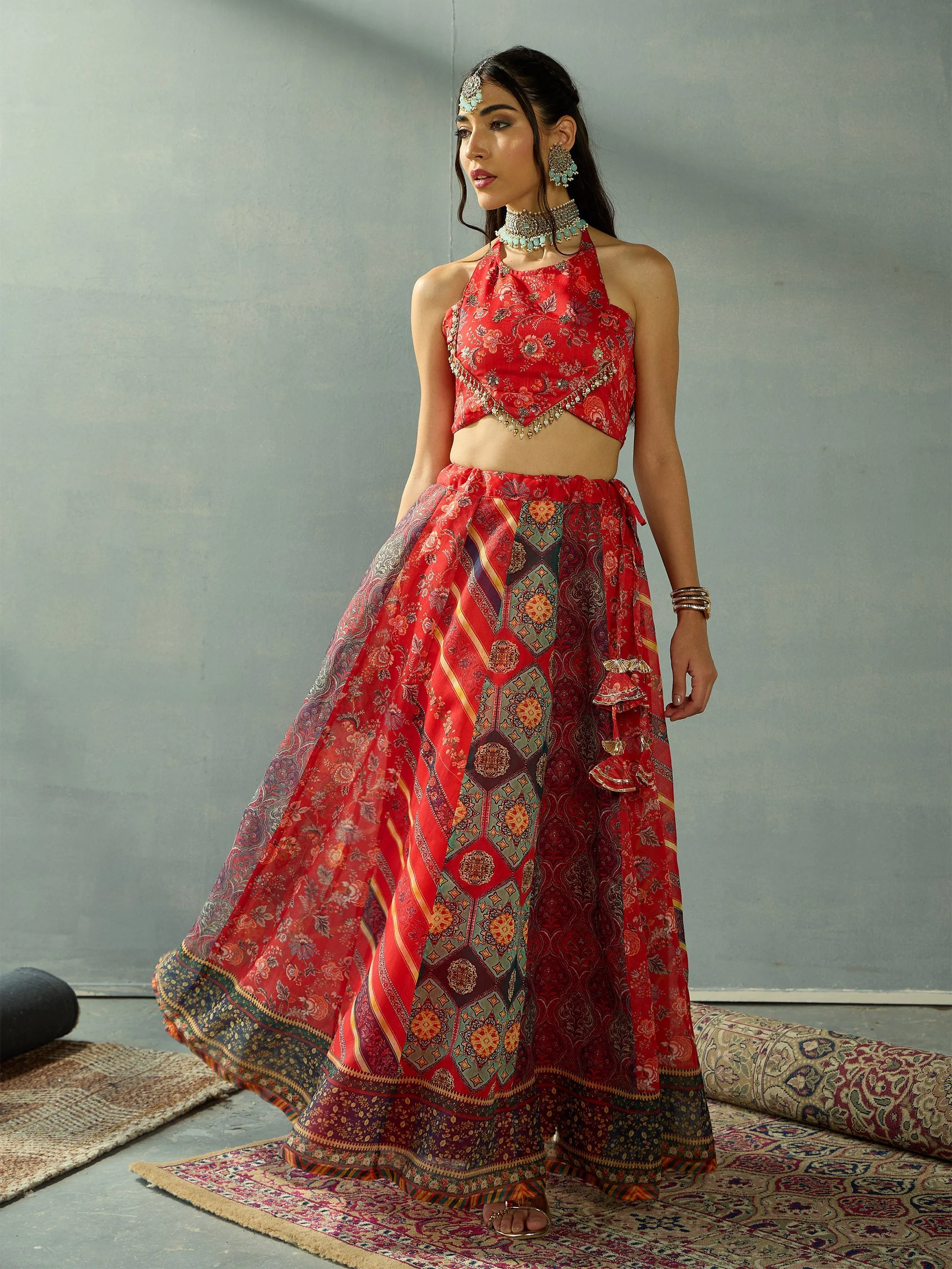 Women Red Halter Neck Crop Top With Anarkali Skirt